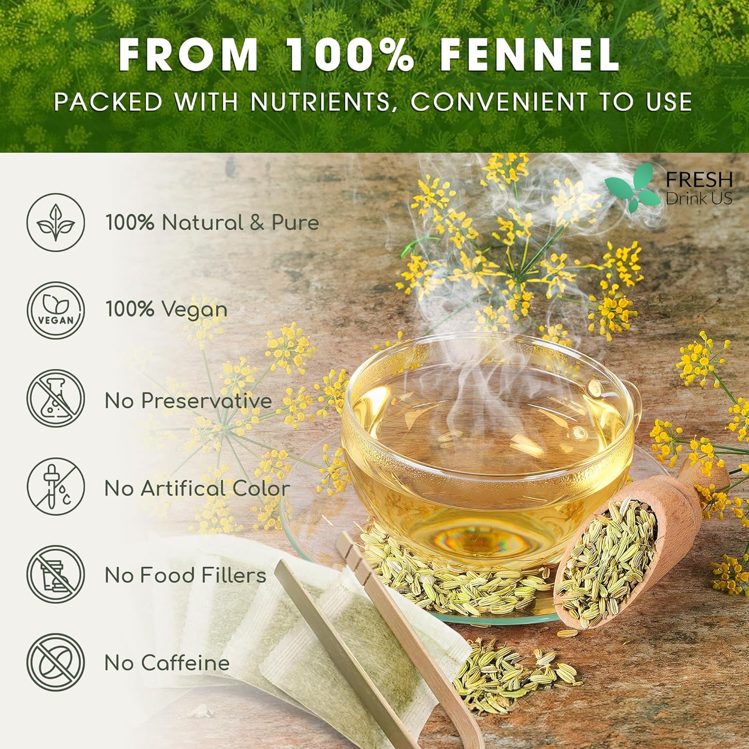 Premium Fennel Tea Bags, 100% Natural & Pure from Fennel Seeds. Fennel Seed Herbal Tea. Fennel Seed Tea. Made with Natural Material Tea Bags. No Sugar, No Caffeine, No Gluten, Vegan. by FreshDrinkUS - Natural and Premium Herbal Tea