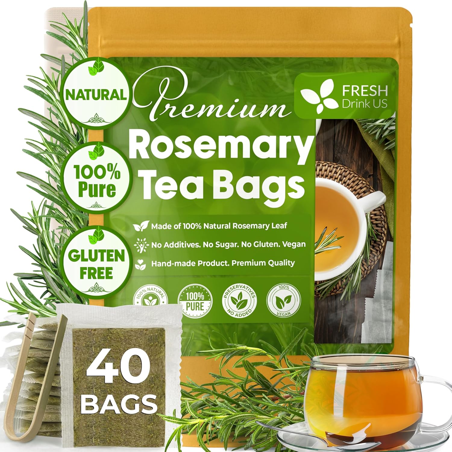 Premium Rosemary Leaves, Tea Bags, Powder, 100% Natural & Pure from Dried Rosemary Leaves, No Additives, No Caffeine, Vegan. Dried Rosemary Herb, Perfect for Seasoning, Spice Blends for Grilling & Cooking by FreshDrinkUS - Natural and Premium Herbal Tea