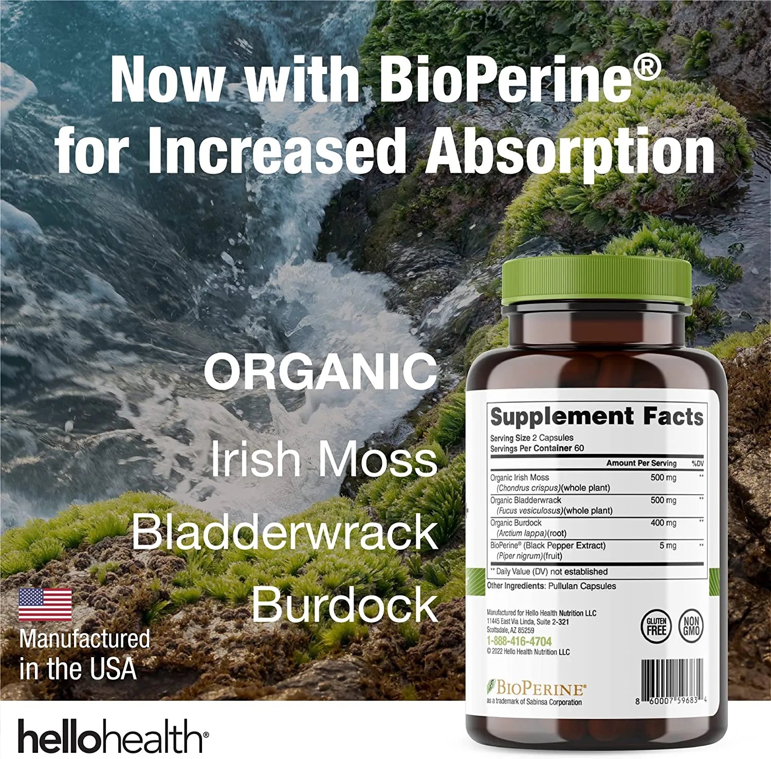 Organic Irish Sea Moss, Organic Bladderwrack, Organic Burdock & Bioperine capsules by hellohealth