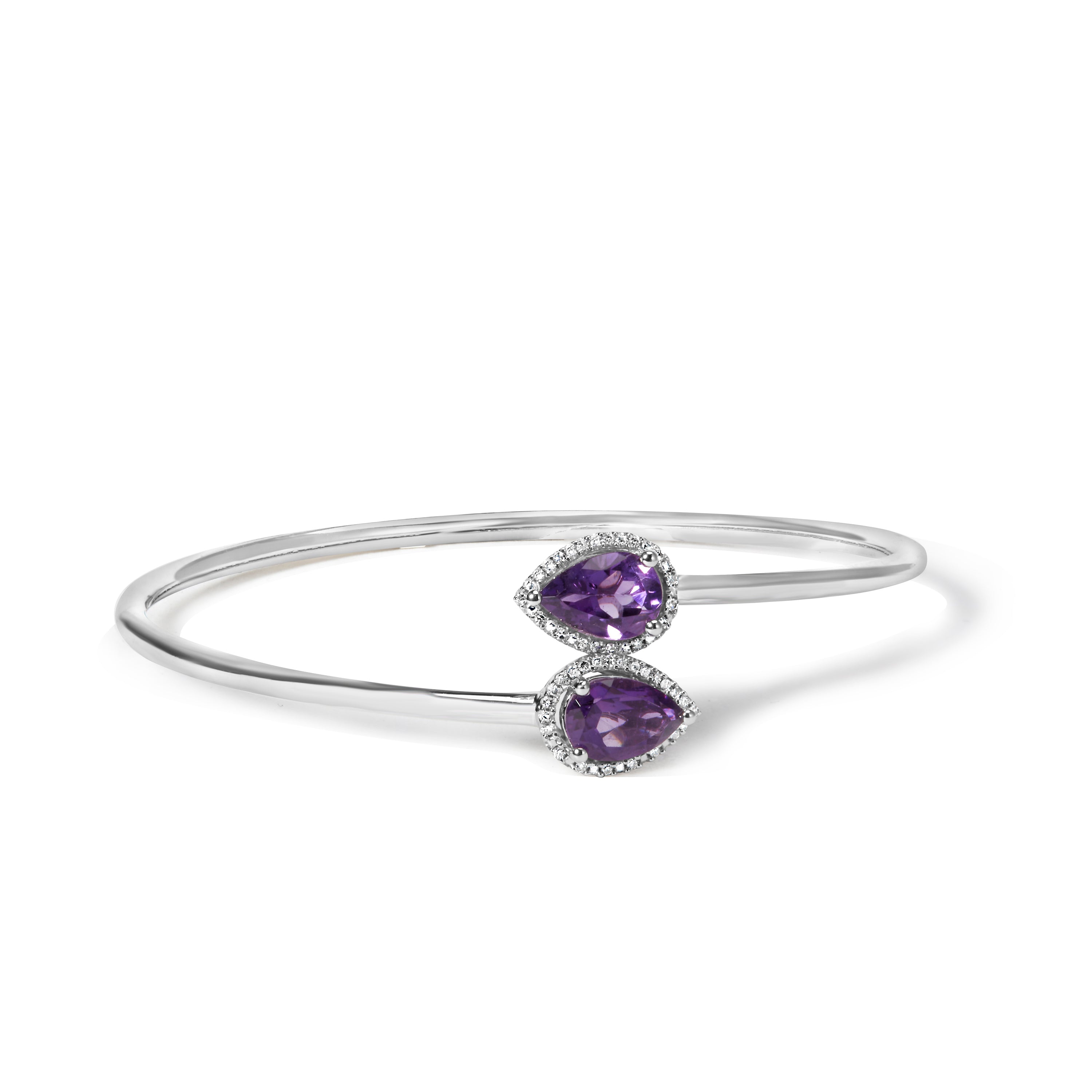 .925 Sterling Silver 8 x 5.5mm Pear Shape Amethyst and Diamond Accent Halo Bypass Bangle Bracelet (H-I Color, SI1-SI2 Clarity) - Fits up to 7" Inches DestGlow