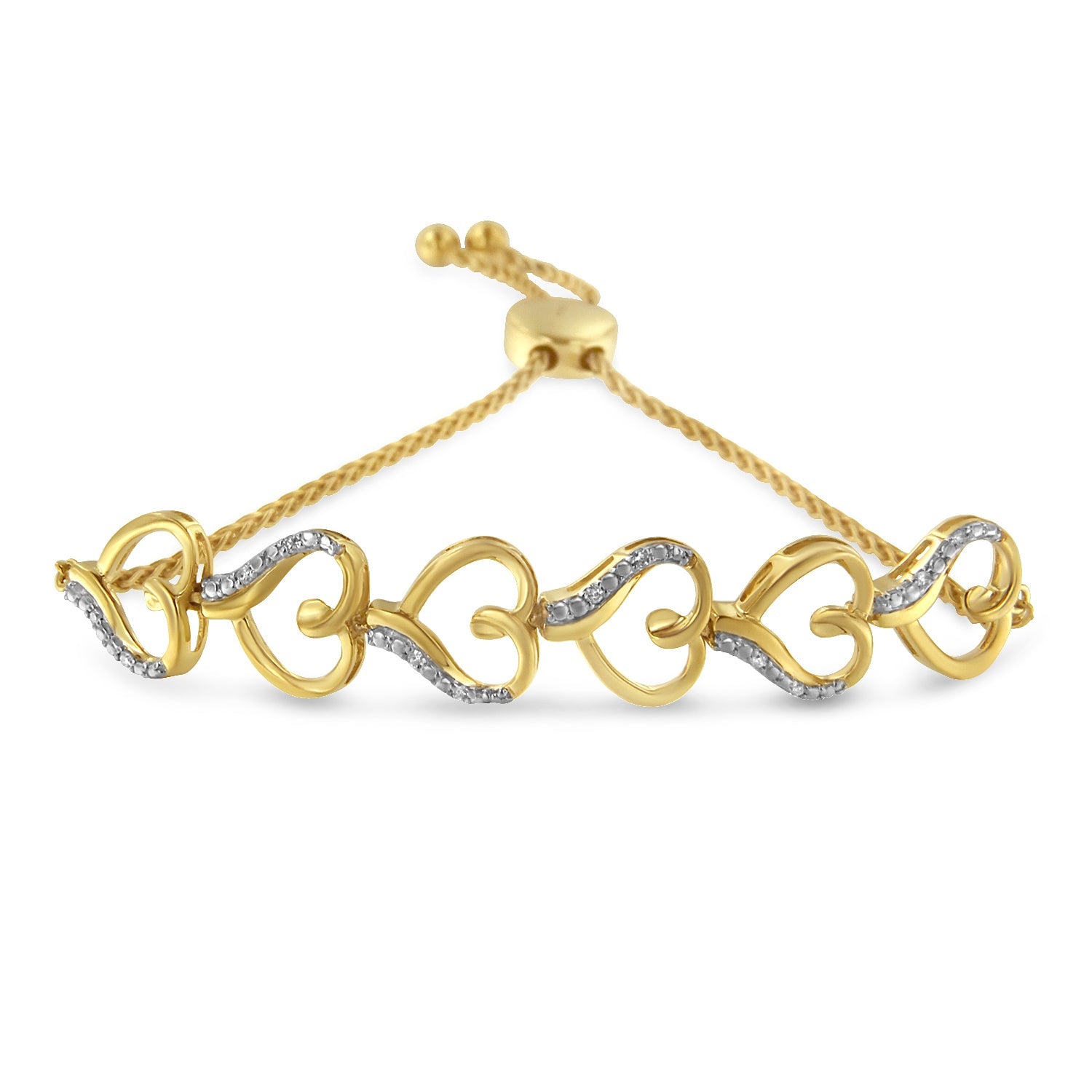 10K Yellow Gold over .925 Sterling Silver Diamond Accented Open Hearts 6â€-9†Adjustable Chain Bolo Bracelet