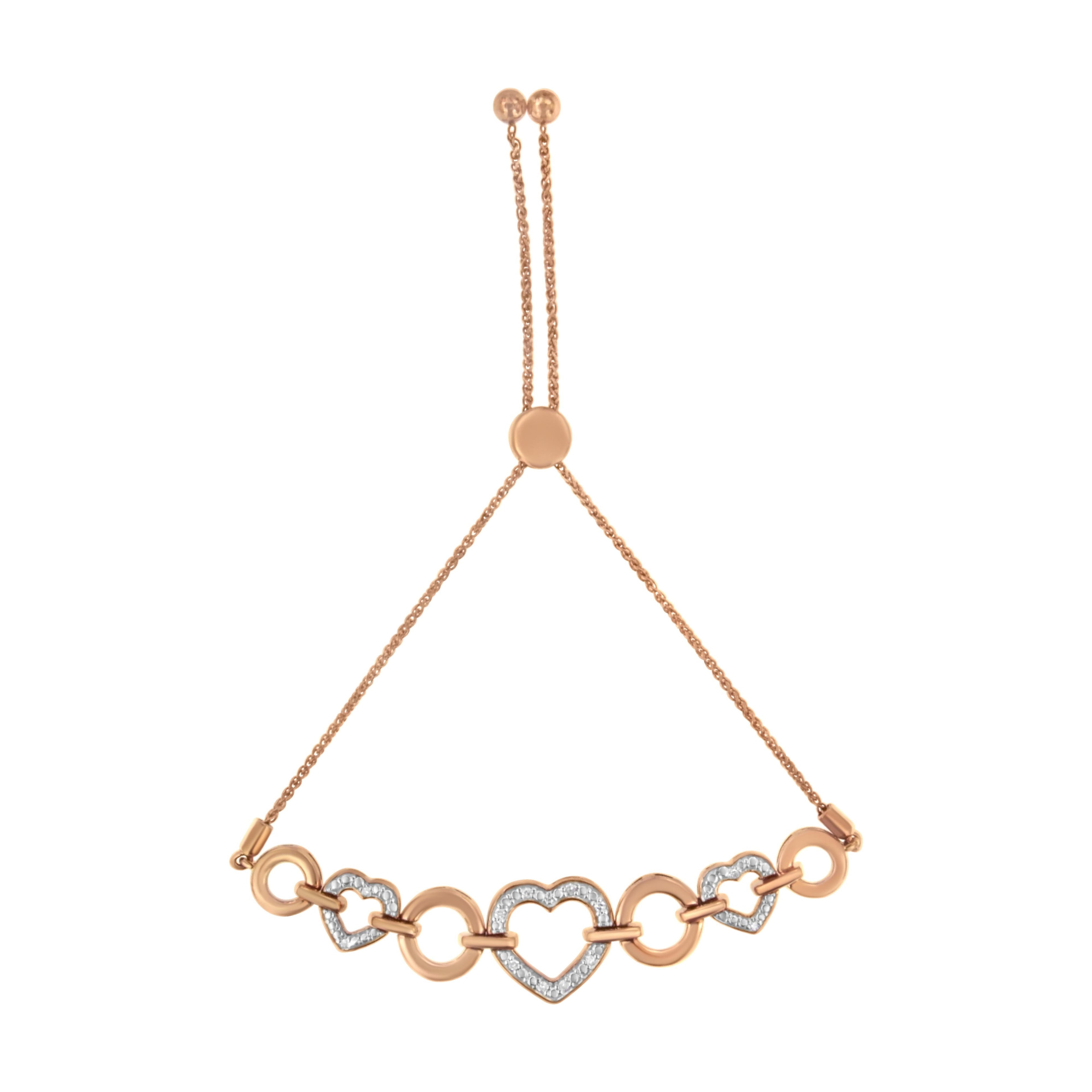 14K Rose Gold Plated .925 Sterling Silver Diamond Accent Circle and Heart Link Adjustable 6â€-10†Bolo Bracelet