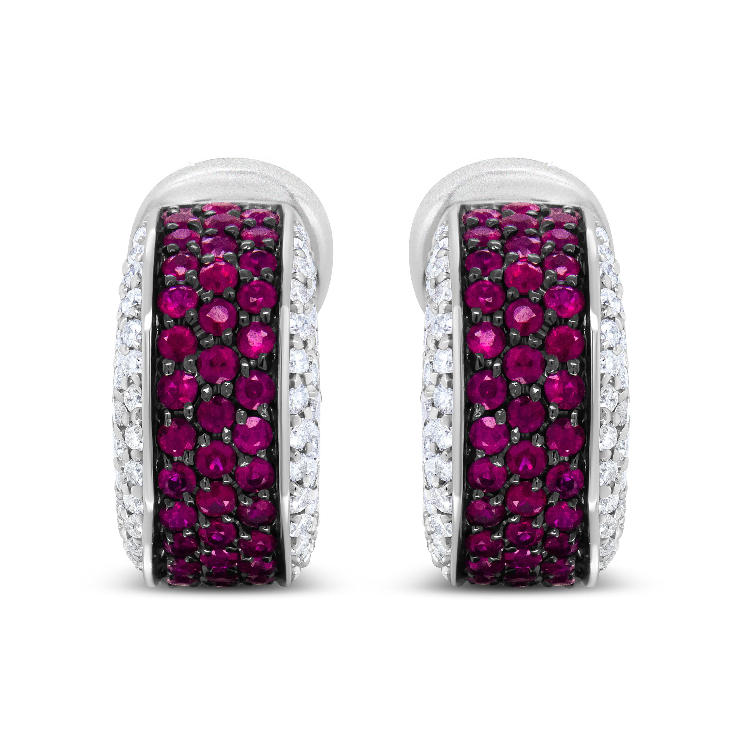 18K White Gold and Black Rhodium Plated 3/4 Cttw Round Diamonds and 1mm Round Red Ruby Huggie Hoop Earrings (F-G Color, VS1-VS2 Clarity) by Bids.com