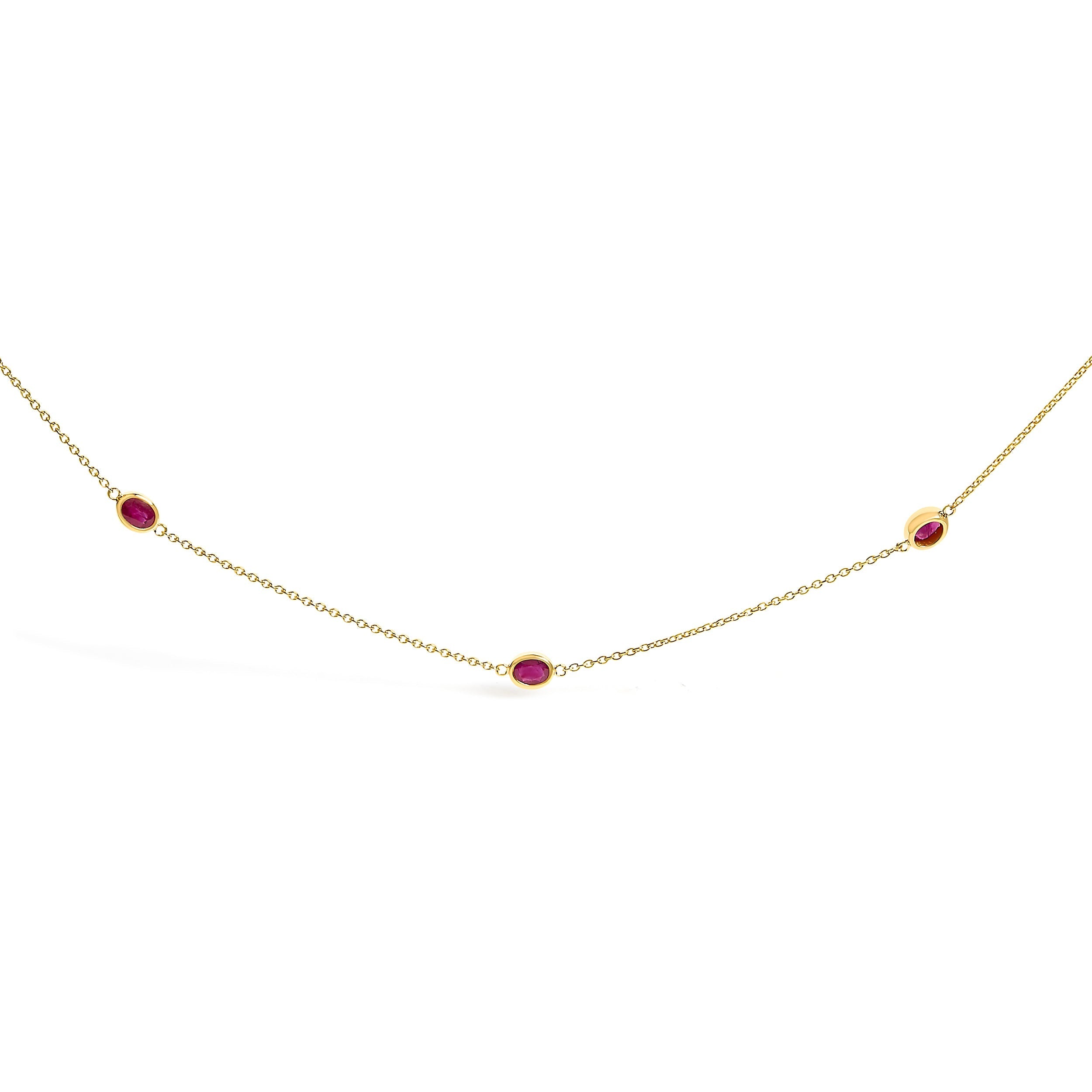 14K Yellow Gold Bezel Set 4x3 mm Oval Red Ruby Station Necklace - 18 Inches DestGlow