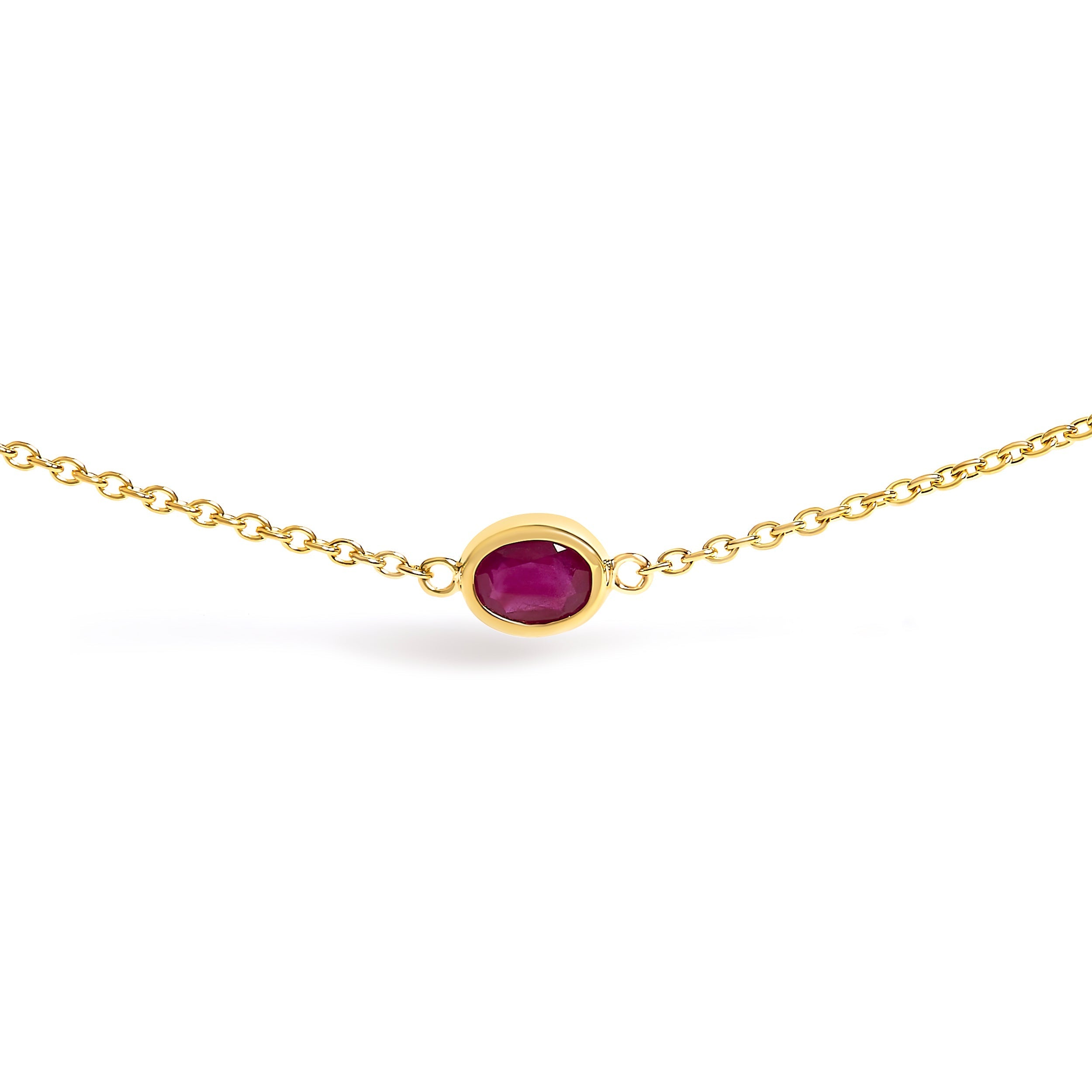 14K Yellow Gold Bezel Set 4x3 mm Oval Red Ruby Station Necklace - 18 Inches DestGlow