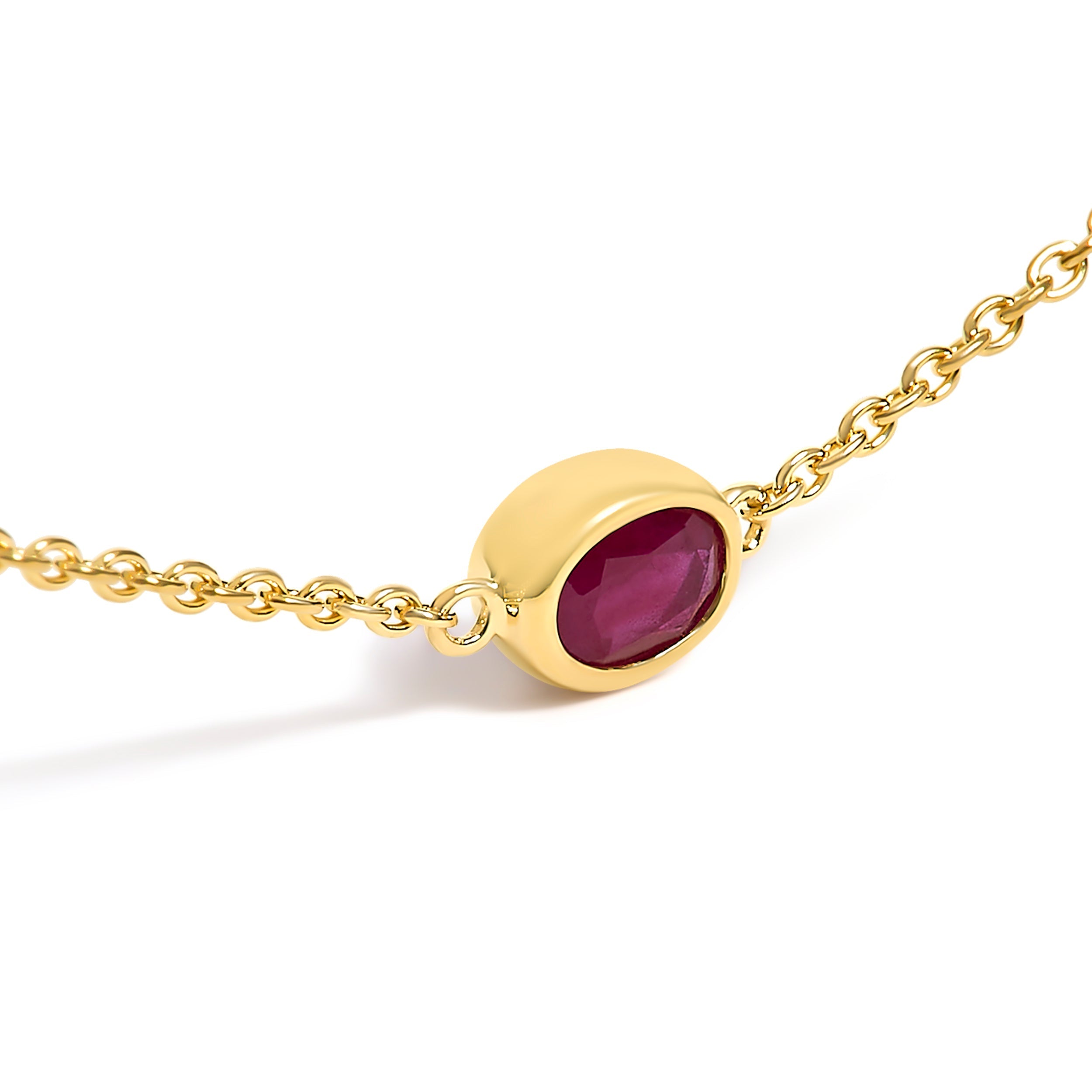 14K Yellow Gold Bezel Set 4x3 mm Oval Red Ruby Station Necklace - 18 Inches DestGlow