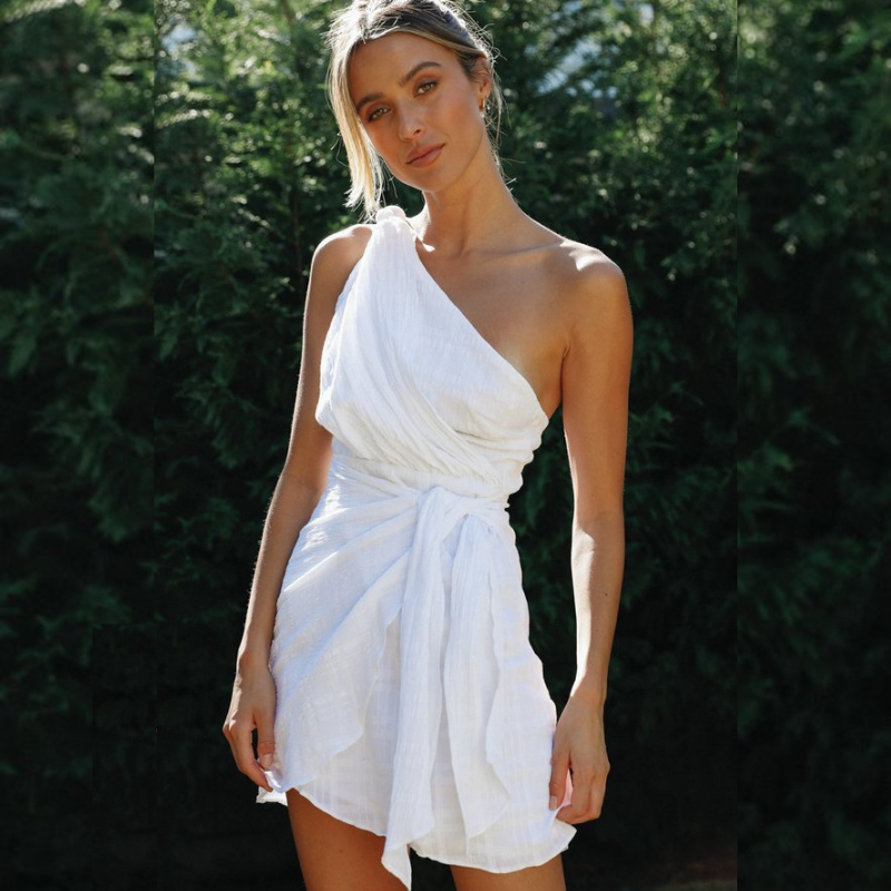 Women Clothing Solid Color Shoulder Belt Irregular Asymmetric Hem Dress by Ragazza