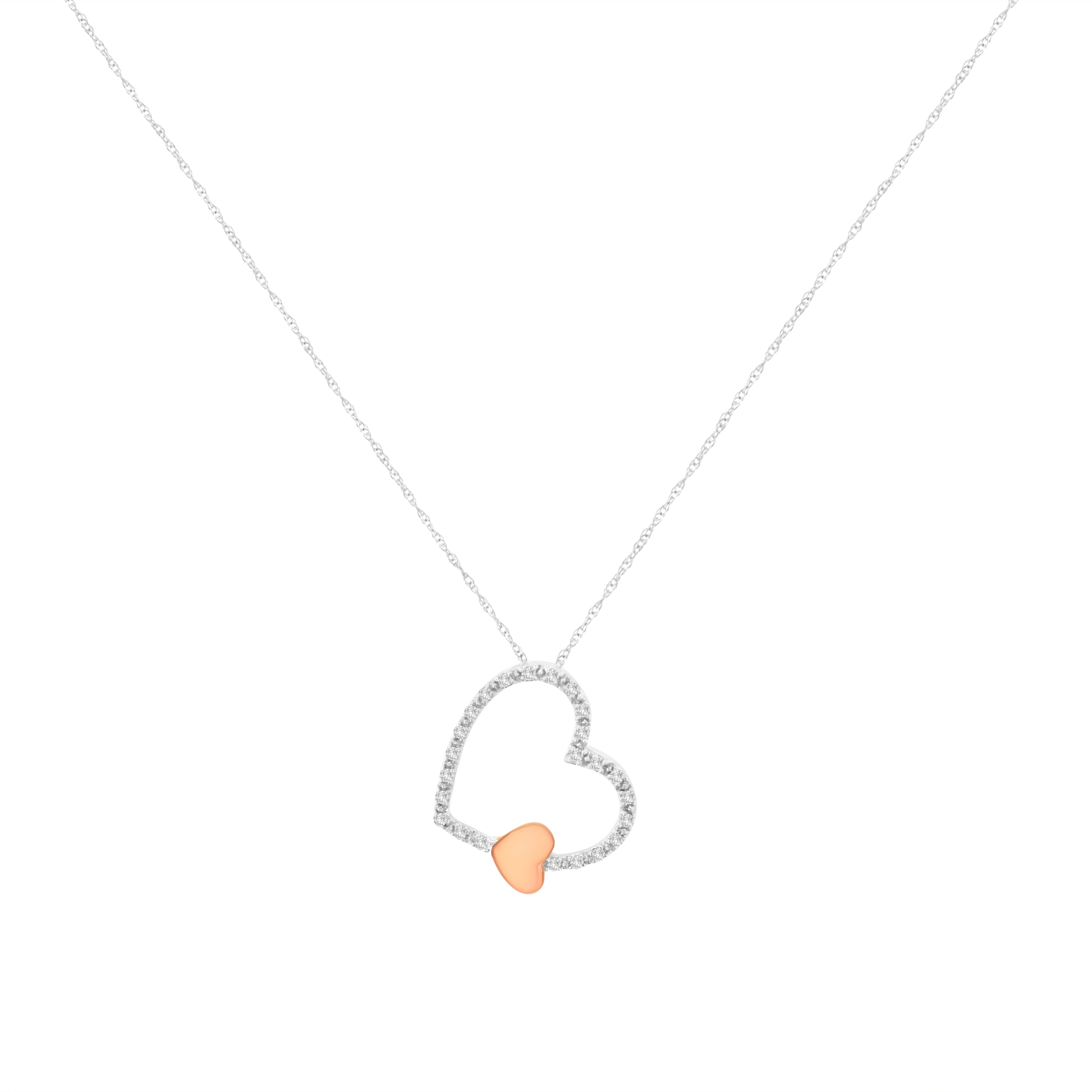 10KT Two Tone Gold 1/6 cttw Diamond Floating Heart Pendant Necklace (K-L, I1-I2) by Bids.com