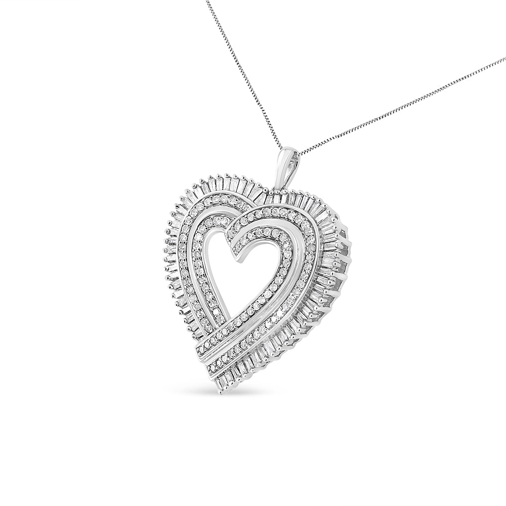 .925 Sterling Silver 1 1/4 Cttw Round and Baguette-Cut Diamond Composite Heart 18" Pendant Necklace (I-J Color, I1-I2 Clarity) by Bids.com