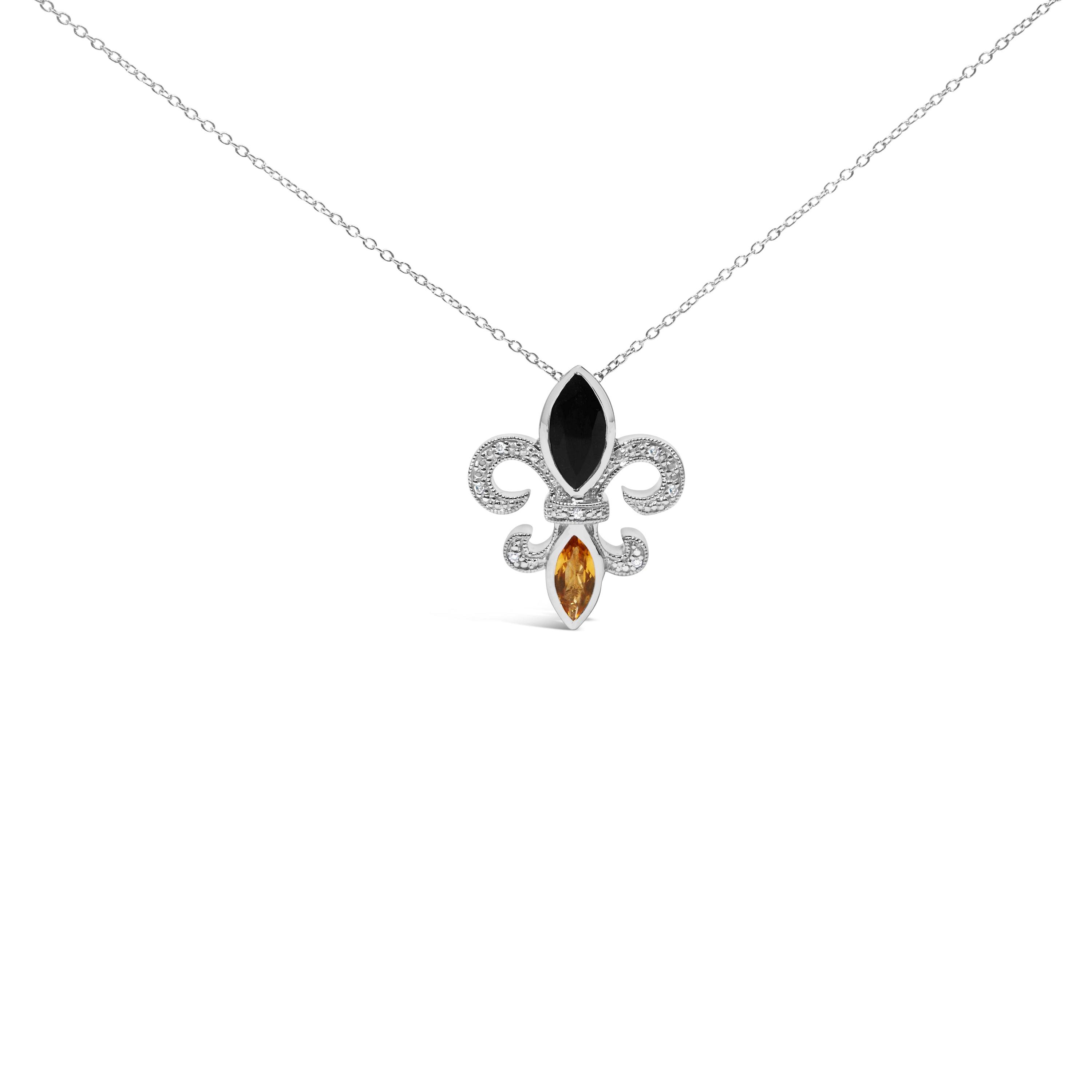 .925 Sterling Silver Marquise Onyx and Citrine and Diamond Accent Fleur De Lis Pendant Necklace (H-I Color, SI1-SI2 Clarity) - 18" DestGlow