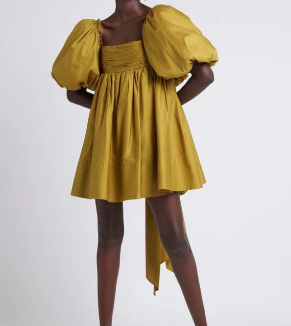Spring Women Clothing French Retro Mustard Super Long Lace-up Puff Sleeve Short Sleeve Dress by Ragazza
