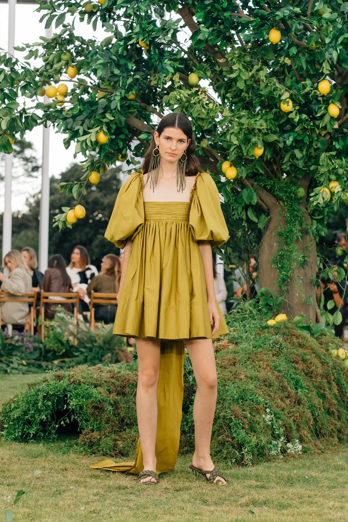 Spring Women Clothing French Retro Mustard Super Long Lace-up Puff Sleeve Short Sleeve Dress by Ragazza