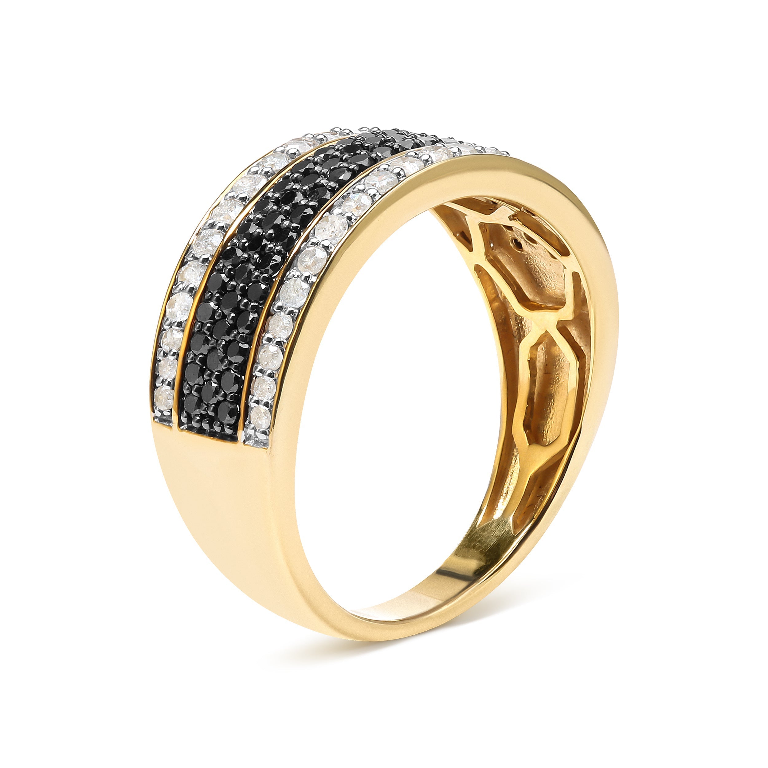 14K Yellow Gold Plated .925 Sterling Silver 1 1/4 Cttw White and Black Treated Diamond Multi Row Band (Black/I-J Color, I2-I3 Clarity) - Size 10 DestGlow