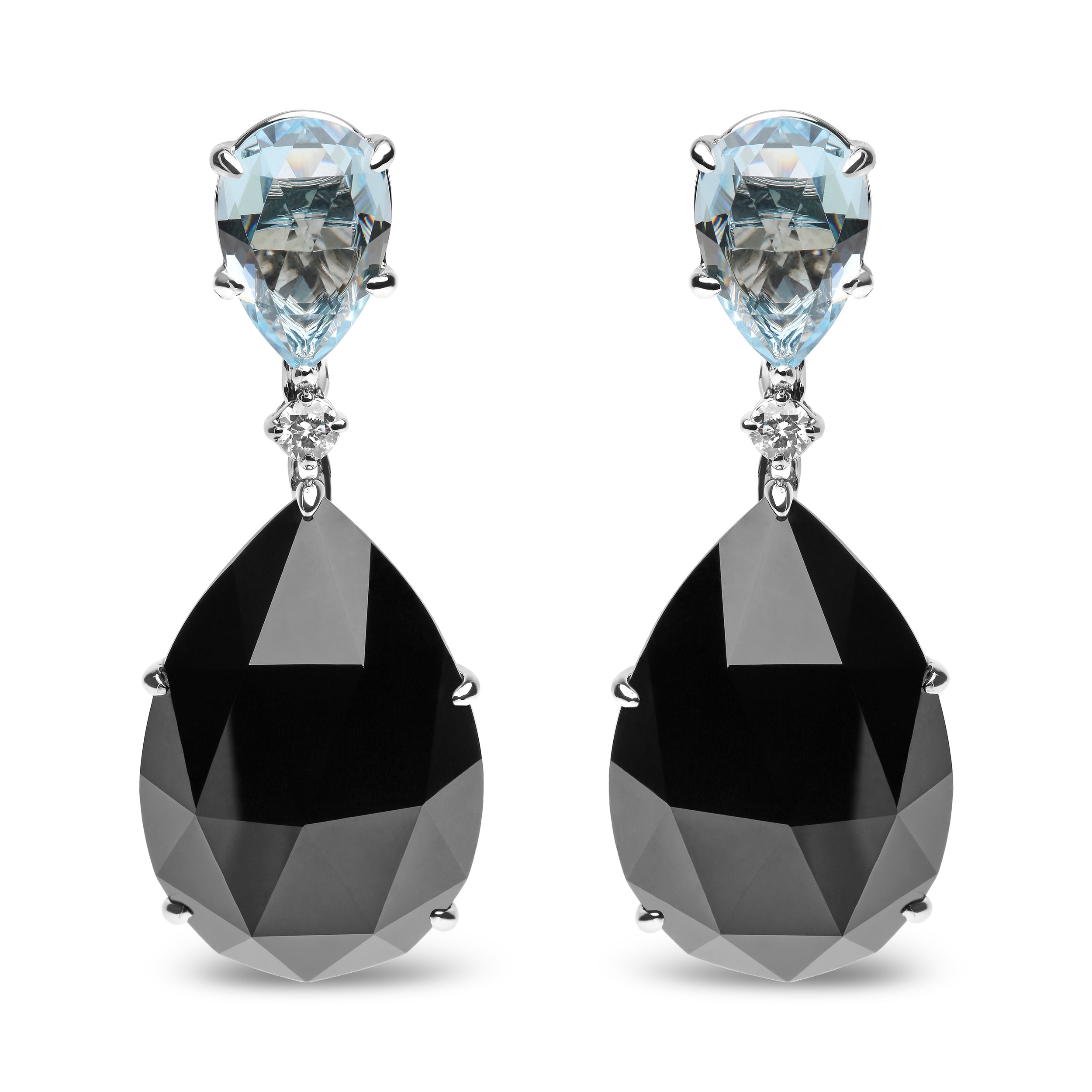 18K White Gold 1/5 Cttw Diamond with Pear Cut Sky Blue Topaz and Pear-Cut Black Onyx Gemstone Dangle Earring (G-H Color, SI1-SI2 Clarity) - DestGlow