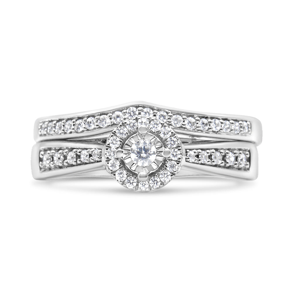 .925 Sterling Silver 1/3 Cttw Diamond Halo and Pave Shank Engagement Ring Set (I-J Color, I3 Clarity) - Ring Size 7 by Bids.com