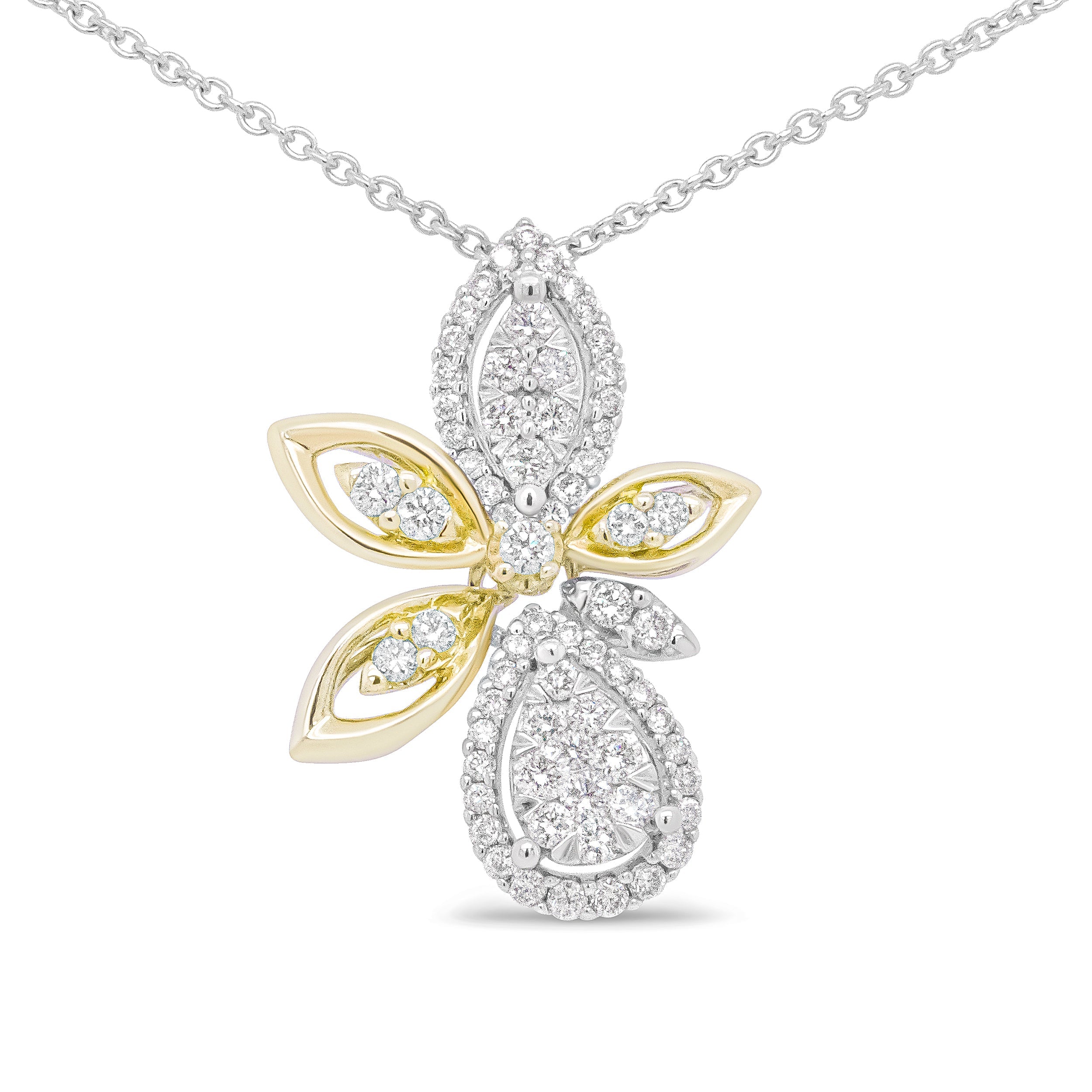 14K White and Yellow Gold 5/8 Cttw Round Diamond Marquise Floral Style 18" Pendant Necklace (H-I Color, I1-I2 Clarity) by Bids.com