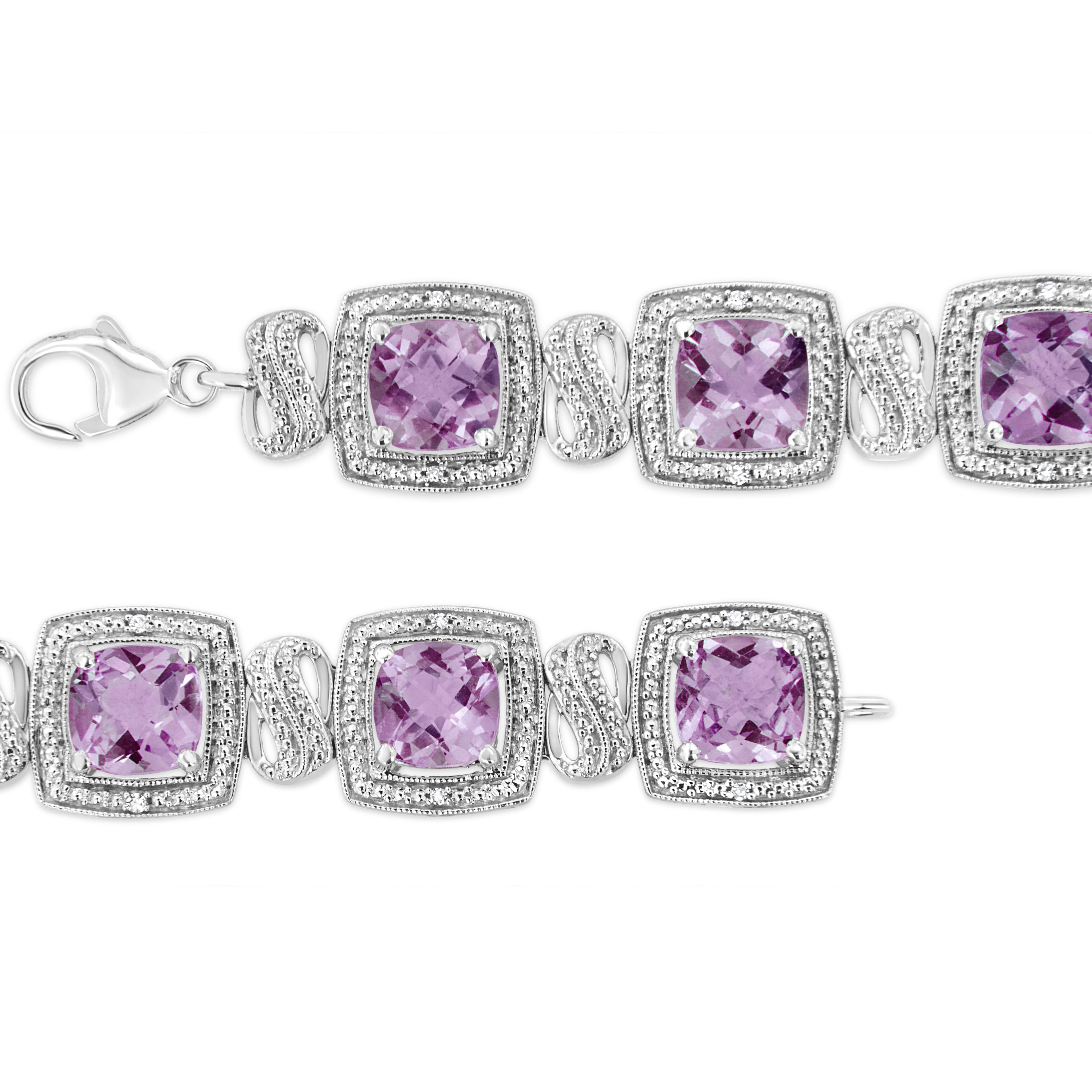 .925 Sterling Silver 7x7 mm Cushion Cut Purple Amethyst and 1/10 cttw Round Cut Diamond Square Shape Tennis Bracelet (I-J Color, I1-I2 Clarity) - 7" DestGlow