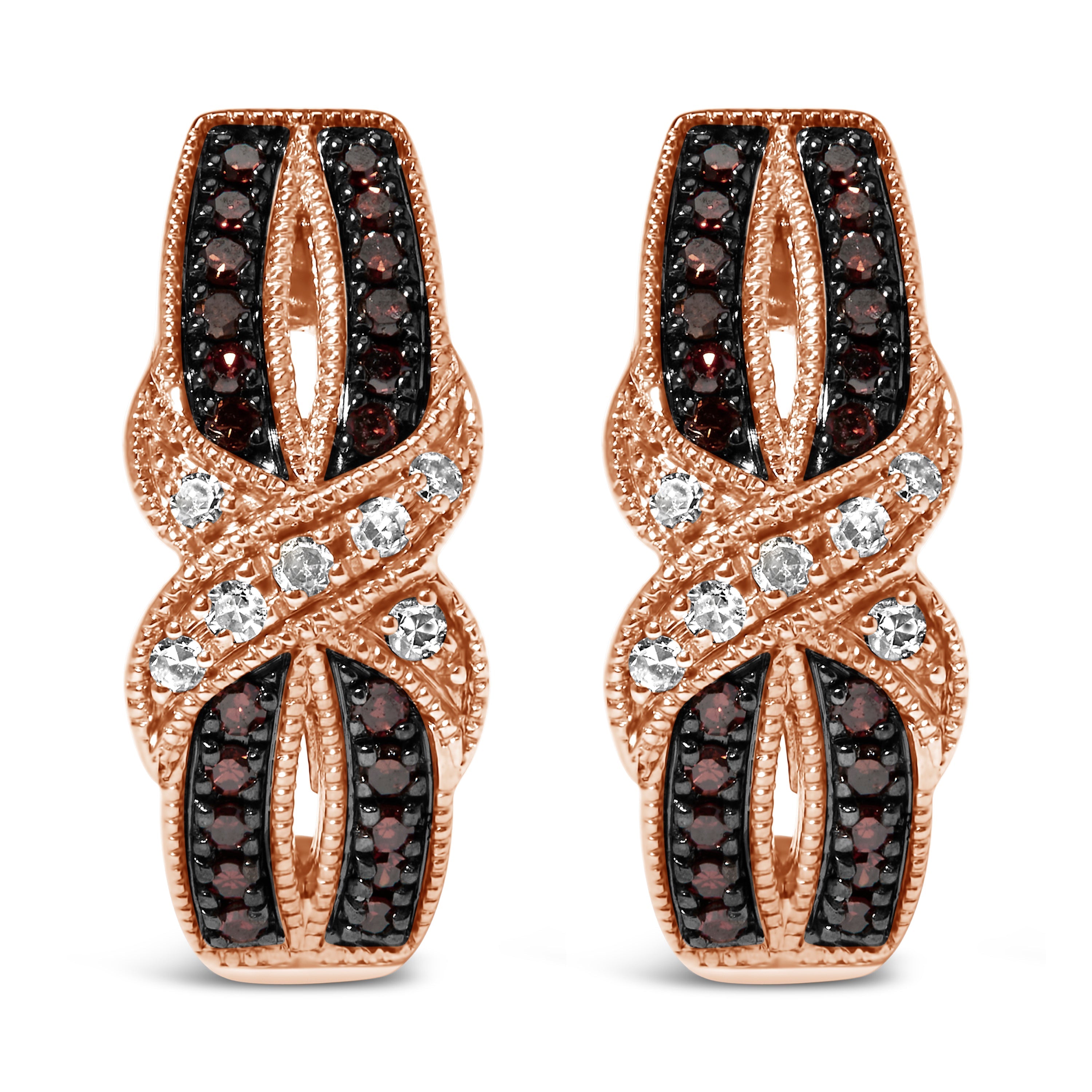 10K Rose Gold 1/3 Cttw White and Brown Diamond Milgrain Criss Cross J-Hoop Earrings (I-J Color, I1-I2 Clarity) DestGlow