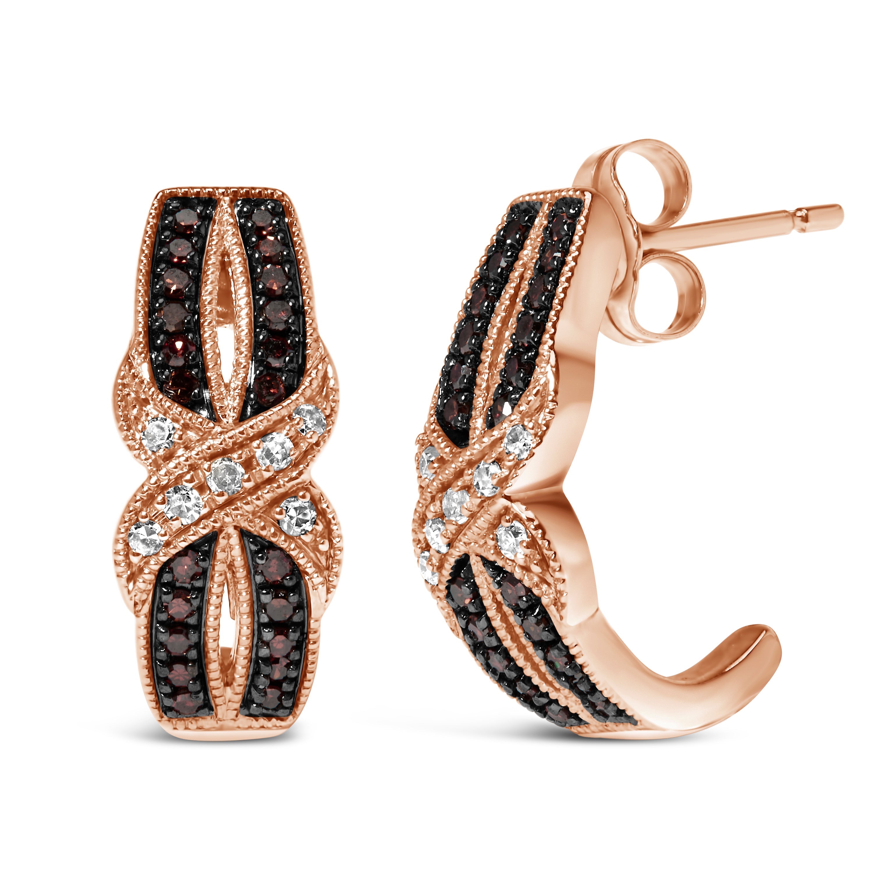 10K Rose Gold 1/3 Cttw White and Brown Diamond Milgrain Criss Cross J-Hoop Earrings (I-J Color, I1-I2 Clarity) DestGlow