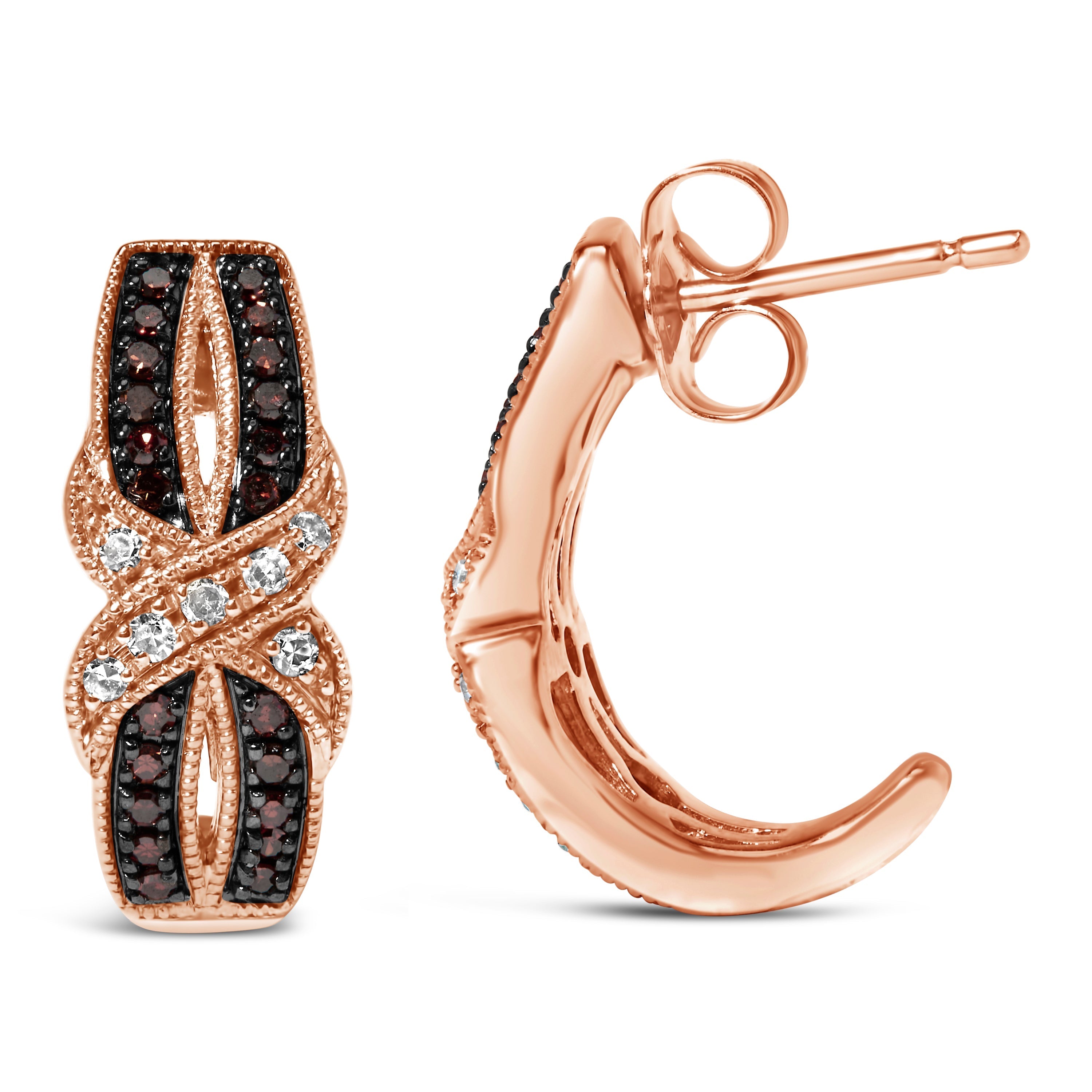 10K Rose Gold 1/3 Cttw White and Brown Diamond Milgrain Criss Cross J-Hoop Earrings (I-J Color, I1-I2 Clarity) DestGlow