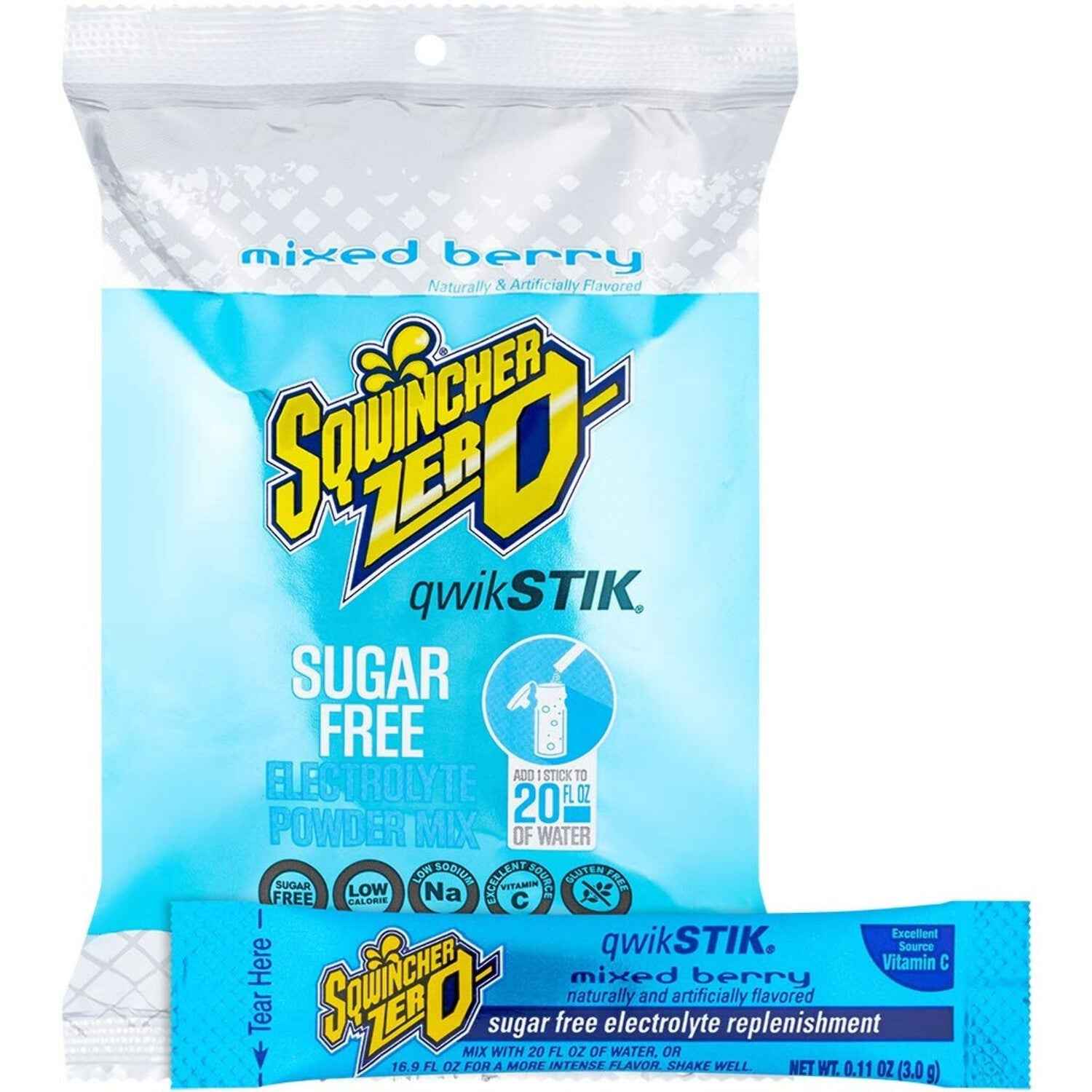 Sqwincher® Zero Qwik Stik® – Sugar-Free Electrolyte Powdered Beverage Mix (Mixed Berry)