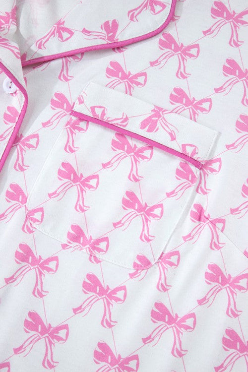 Women's Pink Bow Print Pajama Set - Short Sleeve Top & Ruffled Shorts