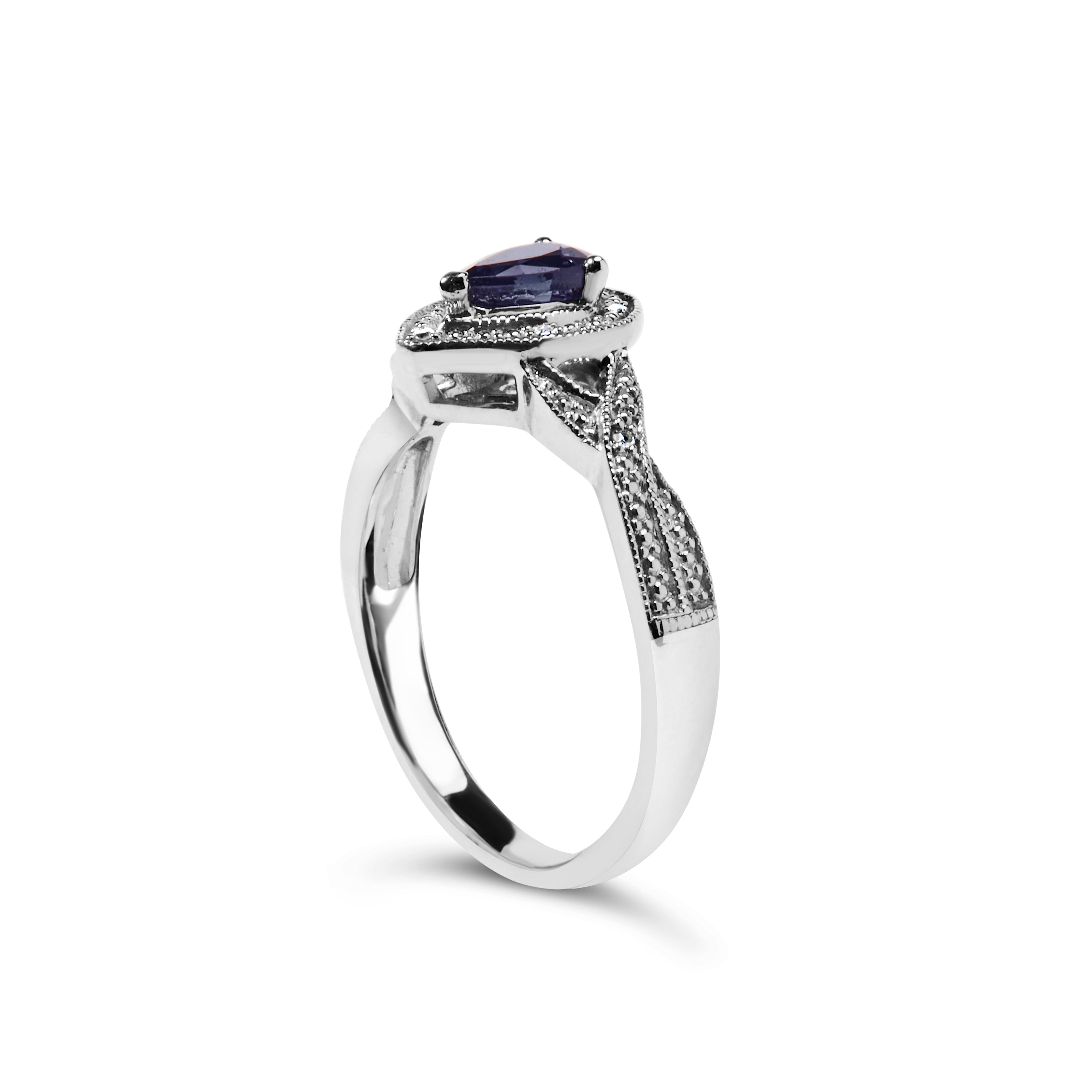 .925 Sterling Silver 6x4mm Pear Sapphire Gemstone with Diamond Accent Fashion Halo Ring (H-I Color, SI1-SI2 Clarity) - Size 7 DestGlow