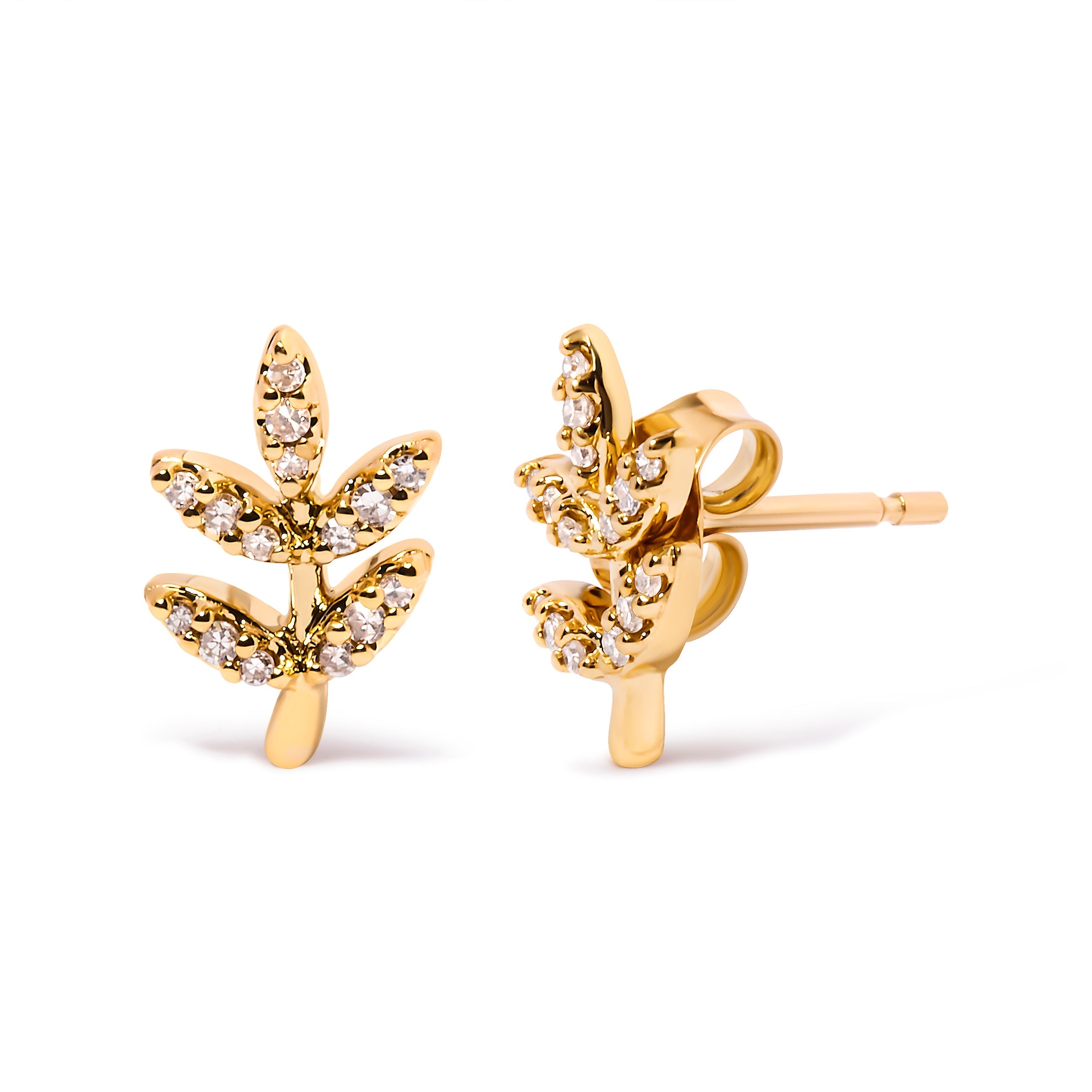 10K Yellow Gold 1/10 Cttw Diamond Accented Leaf and Branch Stud Earrings (H-I Color, I1-I2 Clarity) DestGlow