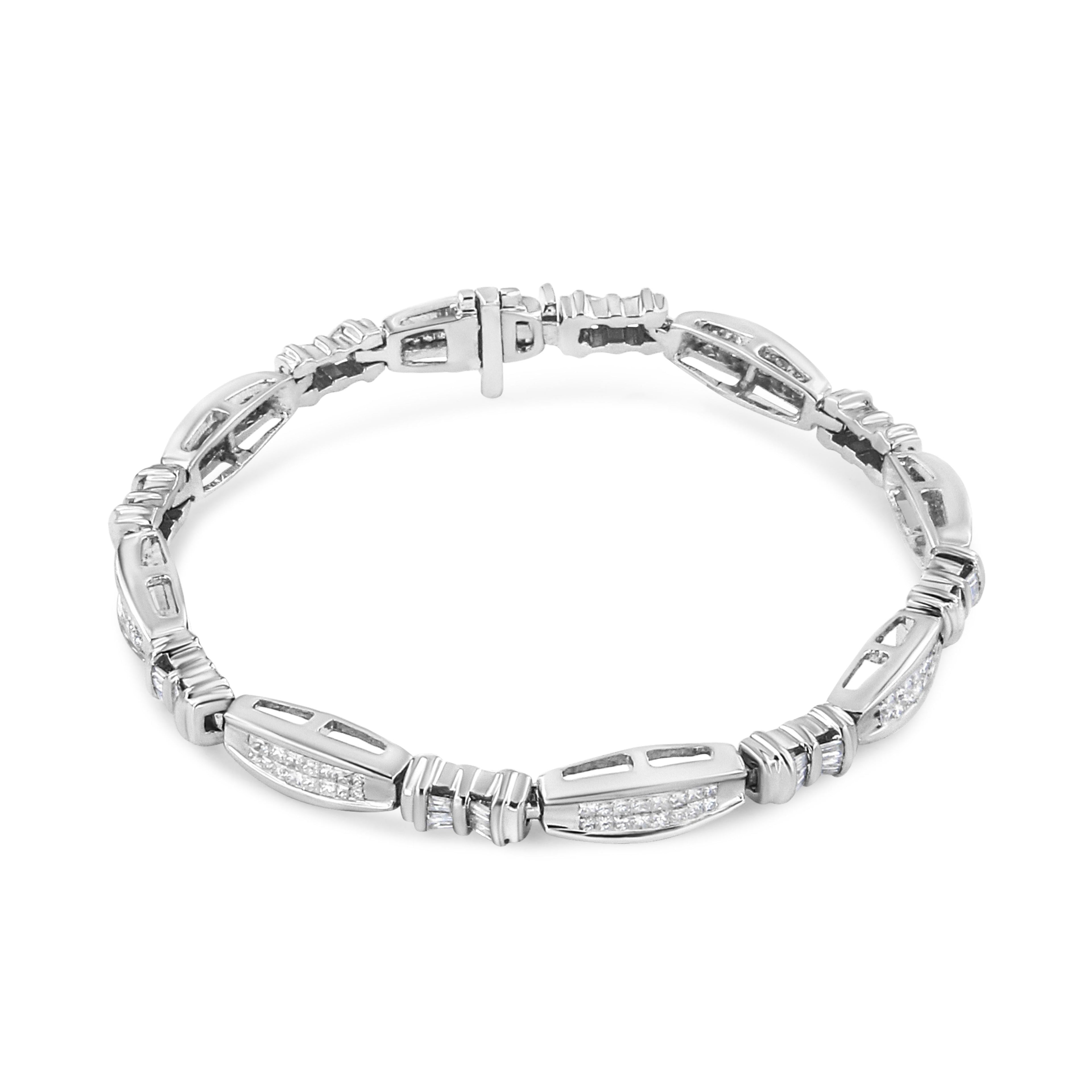 14K White Gold 2.0 Cttw Channel-Set Alternating Baguette and Princess-Cut Diamond Link Bracelet (H-I Color, SI2-I1 Clarity) - Size 7 by Bids.com