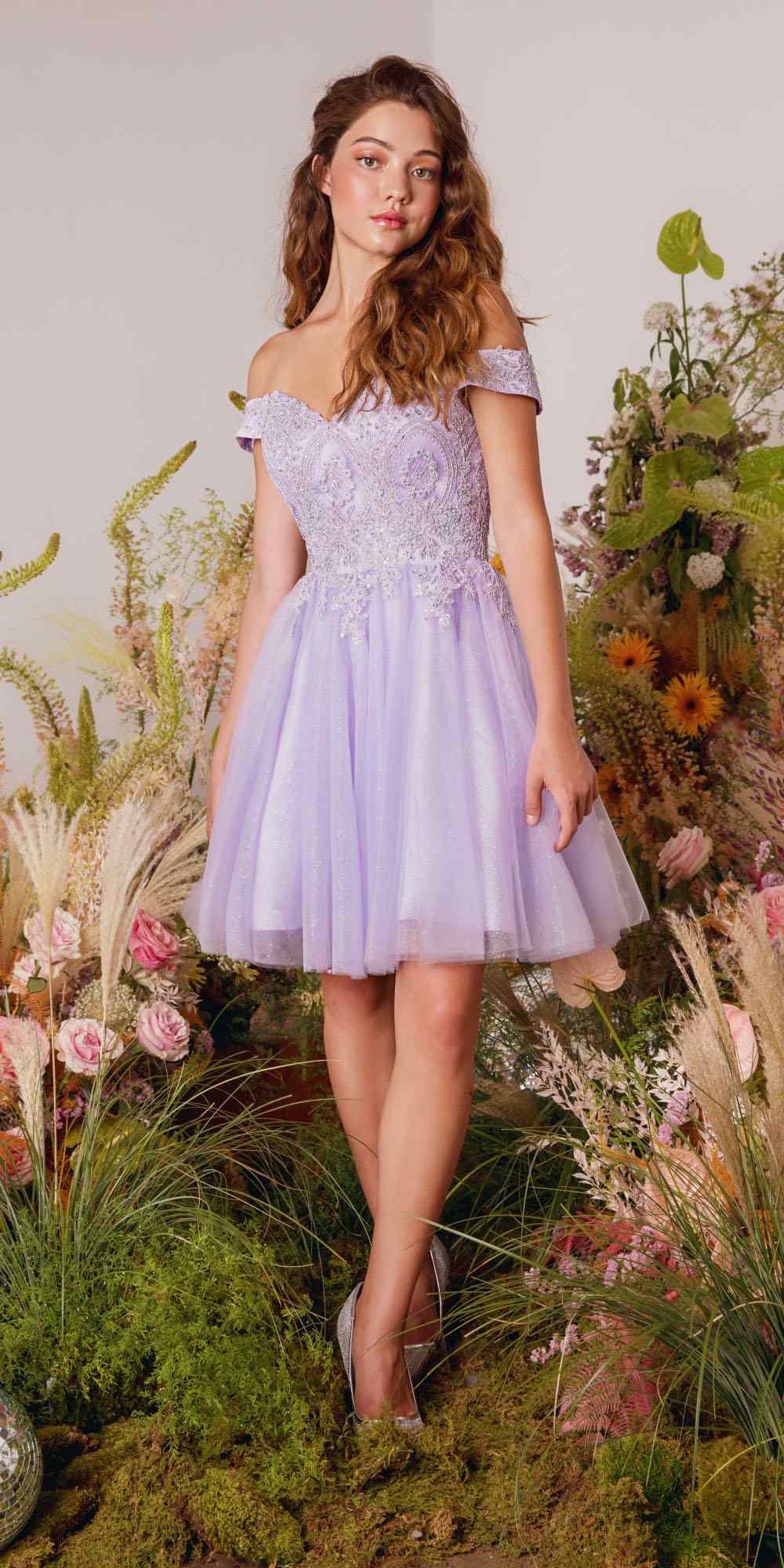 CLEARANCE - Eureka 9833 Short A-Line Off Shoulder Glitter Mesh Dress (Size M) by DiscountDressShop