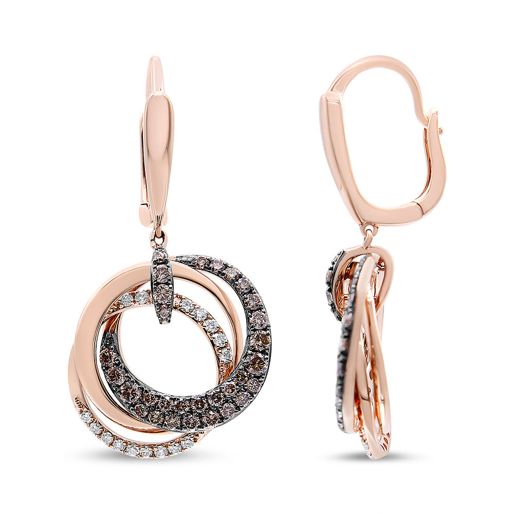 14K Rose Gold 1.00 Cttw White and Brown Diamond Intertwining Hoops and Circle Dangle Earrings (H-I/Brown Color, SI1-SI2 Clarity) by Bids.com