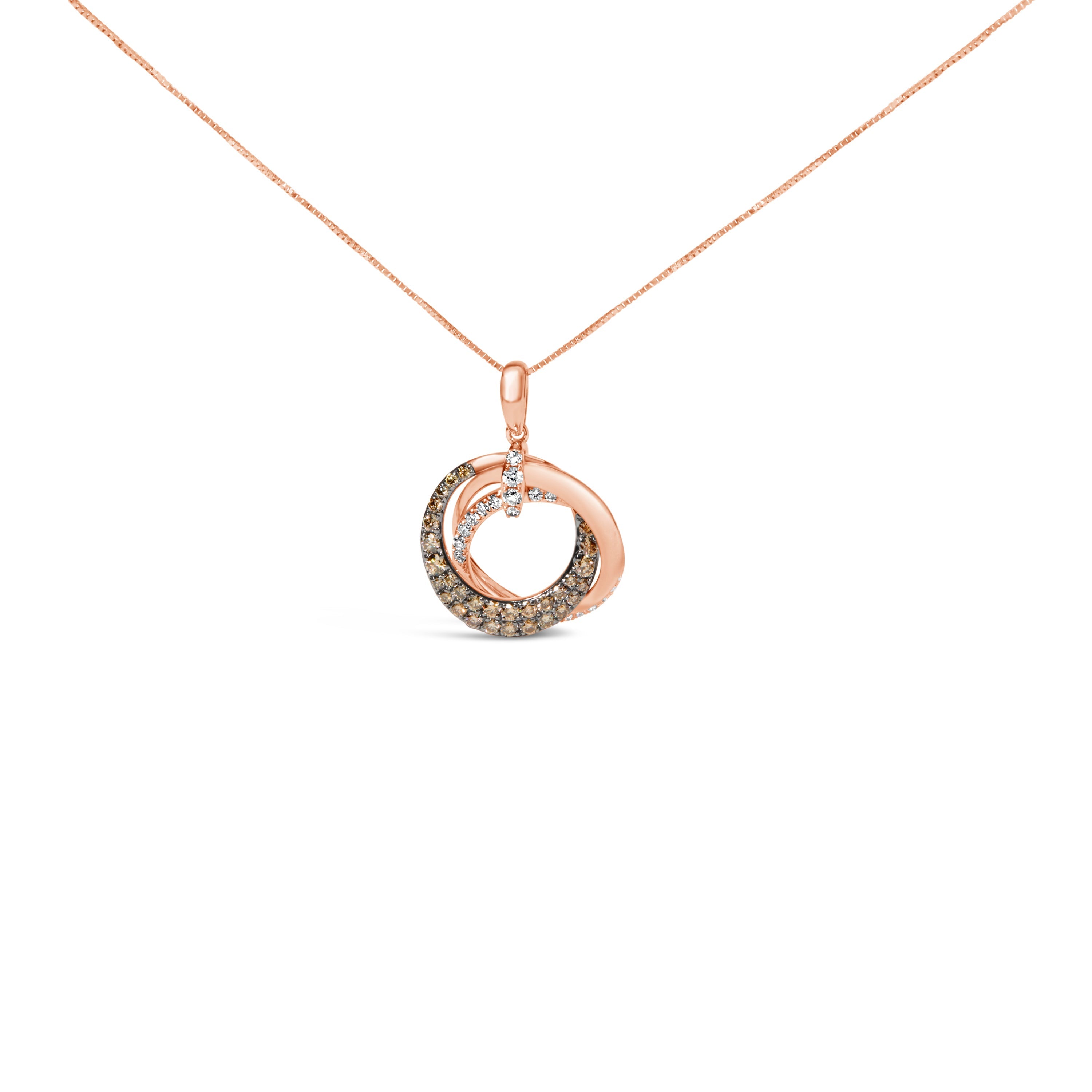 14K Rose Gold 3/4 Cttw Brown and White Diamond Interlocking Circle Hoop 18" Inch Pendant Necklace (G-H Color, SI2-I1 Clarity) DestGlow