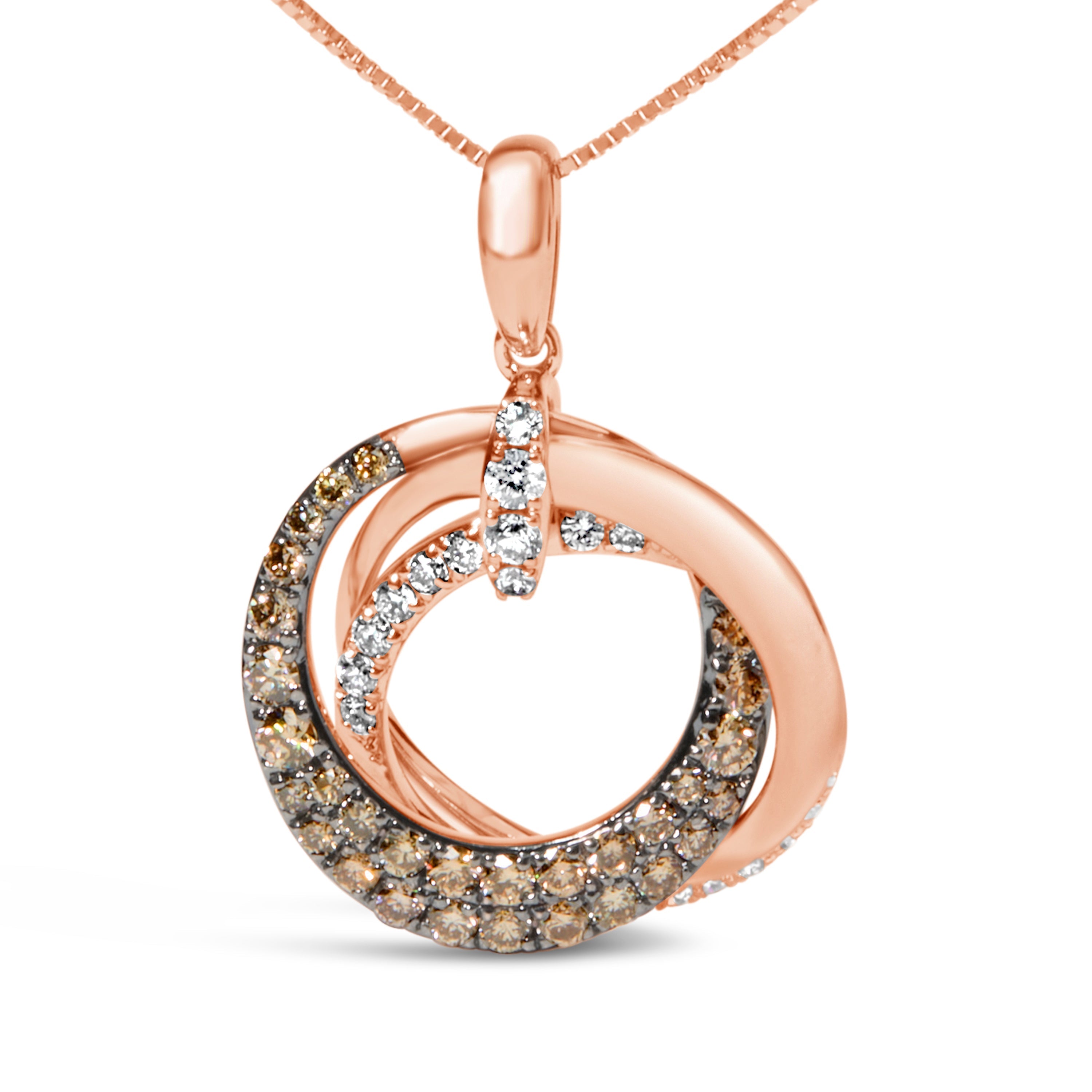14K Rose Gold 3/4 Cttw Brown and White Diamond Interlocking Circle Hoop 18" Inch Pendant Necklace (G-H Color, SI2-I1 Clarity) DestGlow