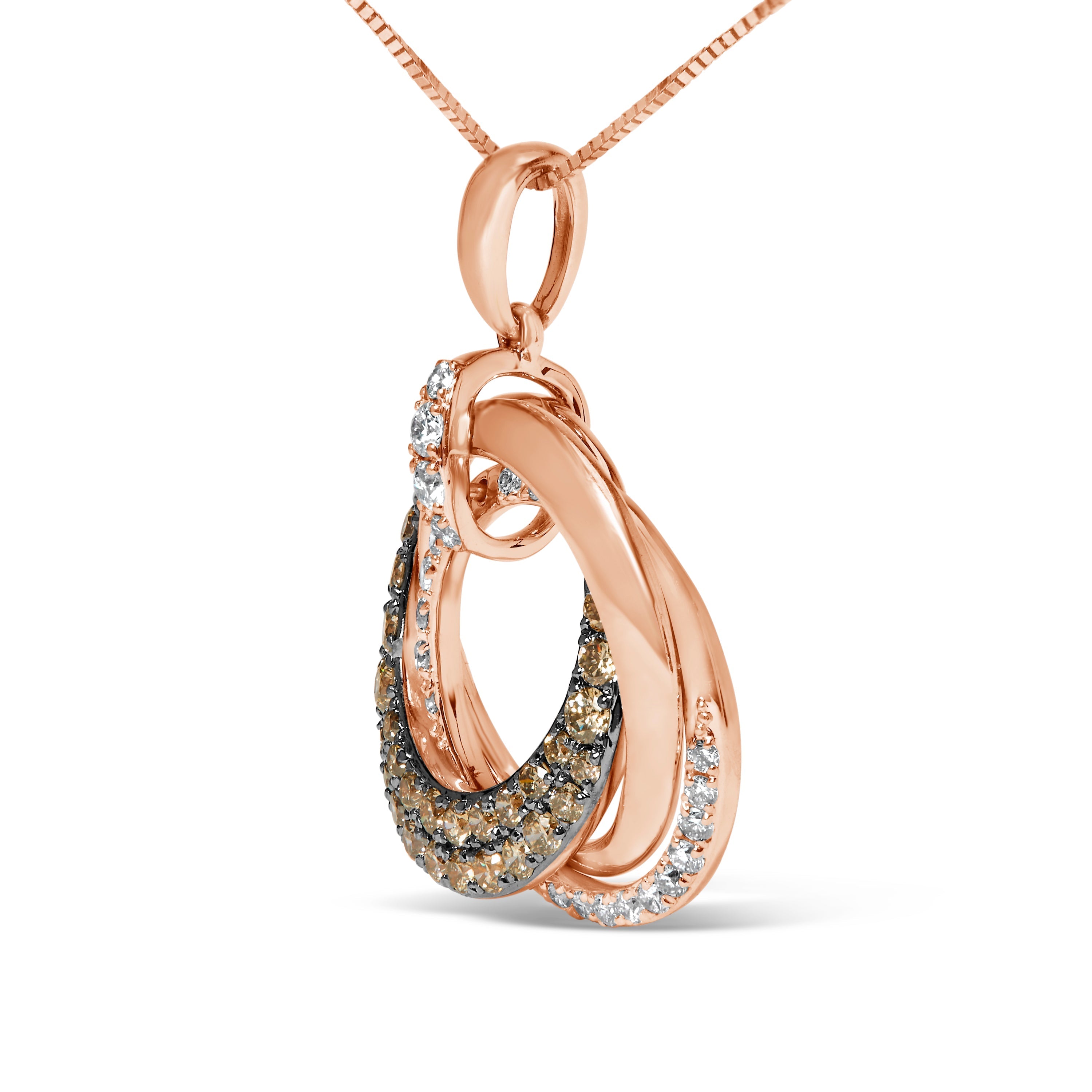 14K Rose Gold 3/4 Cttw Brown and White Diamond Interlocking Circle Hoop 18" Inch Pendant Necklace (G-H Color, SI2-I1 Clarity) DestGlow