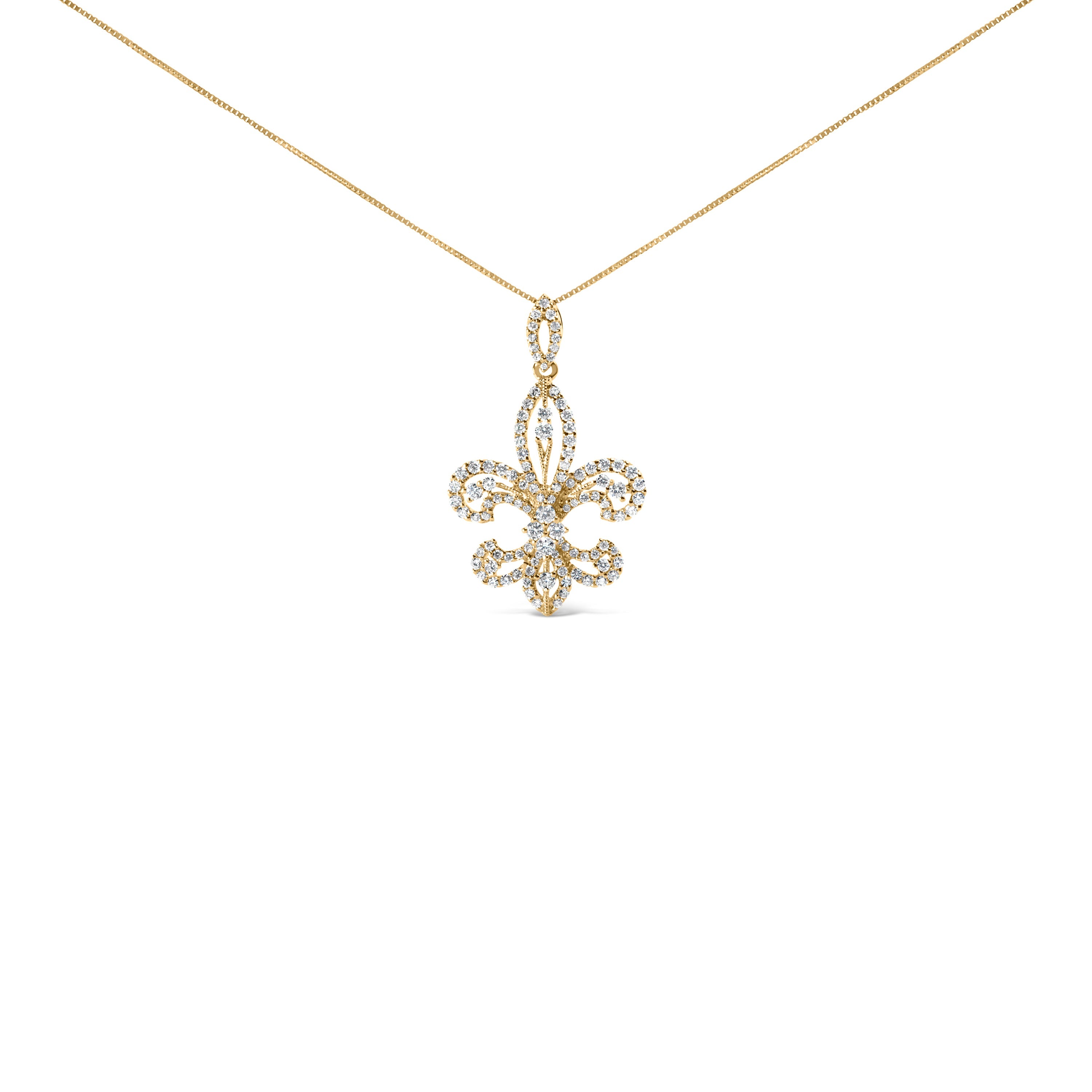 14K Yellow Gold 1.00 Cttw Round Diamond Fleur De Lis 18" Pendant Necklace (H-I Color, SI2-I1 Clarity) DestGlow