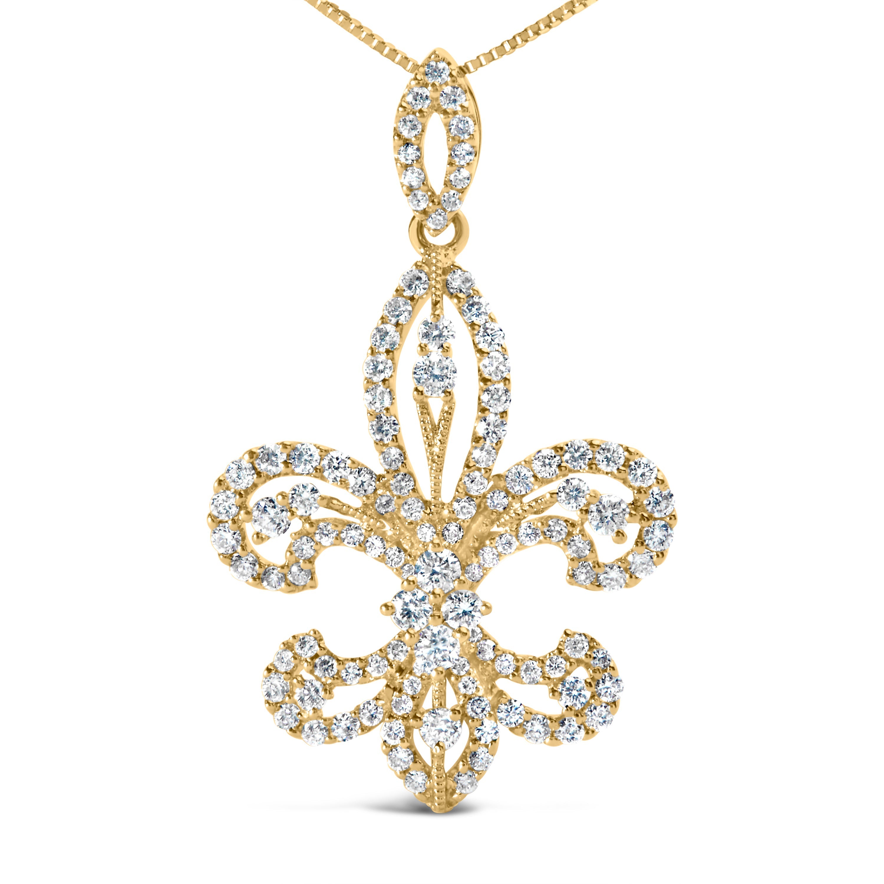 14K Yellow Gold 1.00 Cttw Round Diamond Fleur De Lis 18" Pendant Necklace (H-I Color, SI2-I1 Clarity) DestGlow