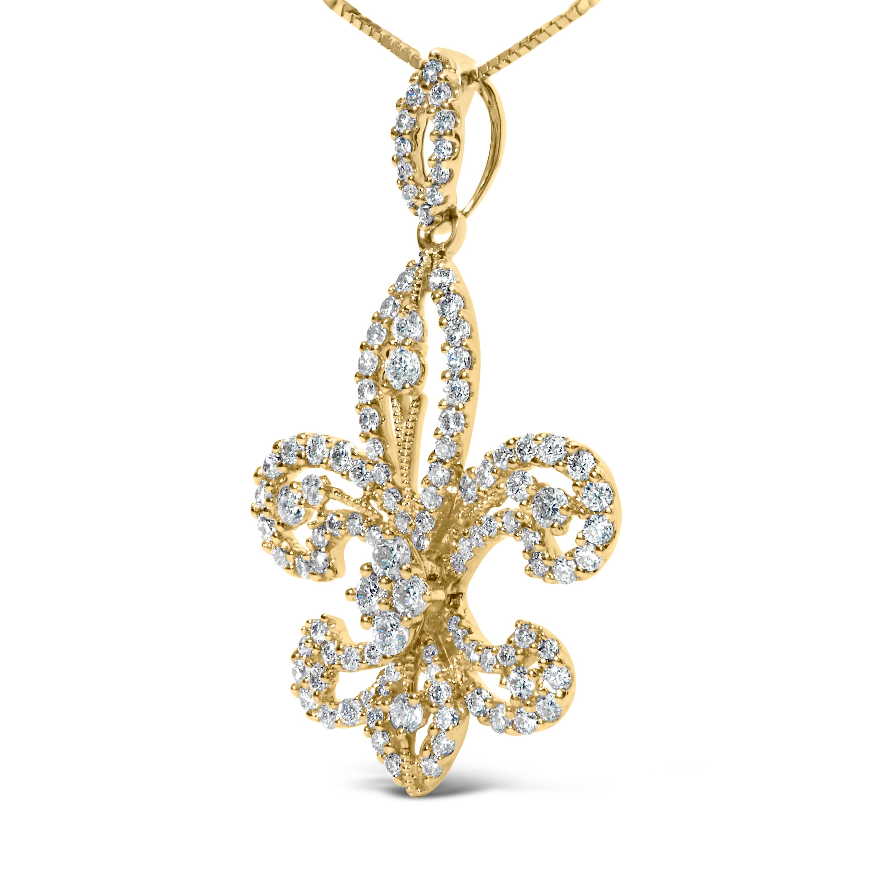14K Yellow Gold 1.00 Cttw Round Diamond Fleur De Lis 18" Pendant Necklace (H-I Color, SI2-I1 Clarity) DestGlow