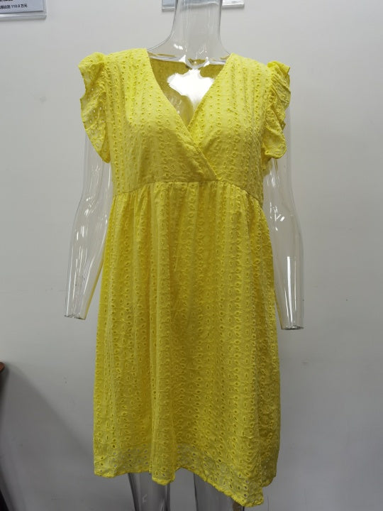 Office Women Clothing Summer V-neck Short SleeveLace Midi Dress Eyelet Embroidery DestGlow