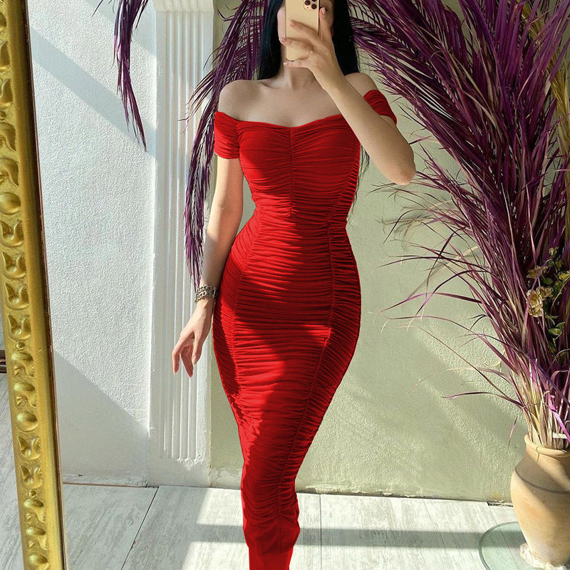 Solid Color Dress Elegant Summer Women Clothing off-Shoulder Pleated Dress by Ragazza