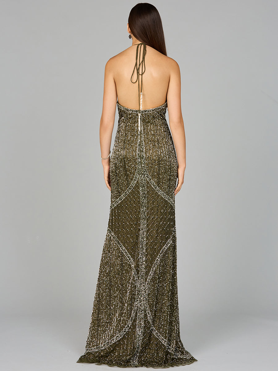 Symmetrical Halter Neck Beaded Gown - OUTLET by Lara New York