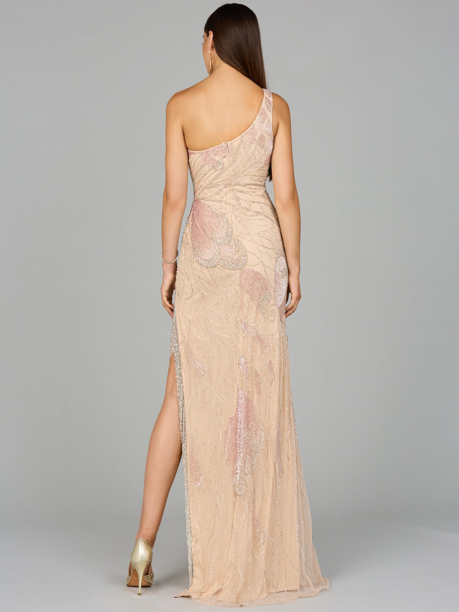 One Shoulder Beaded Gown with Fringe Slit by Lara New York