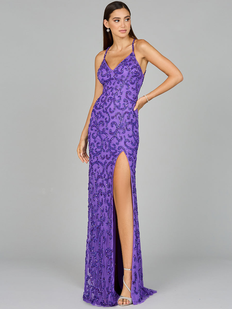 Sultry Beaded Gown with Slit by Lara New York