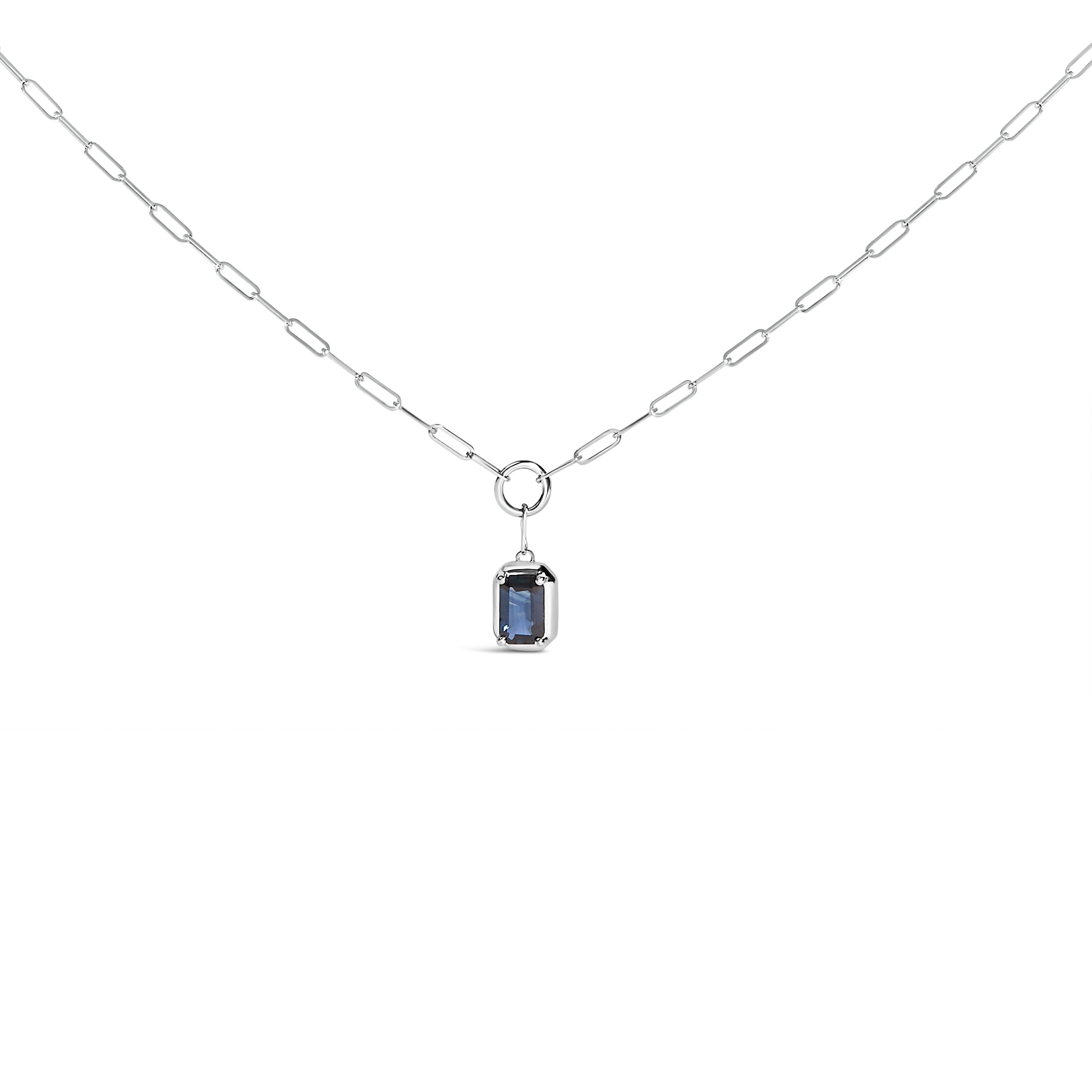 10K White Gold Emerald Cut 6x4 MM Blue Sapphire Solitaire Pendant Necklace - 18 inch DestGlow