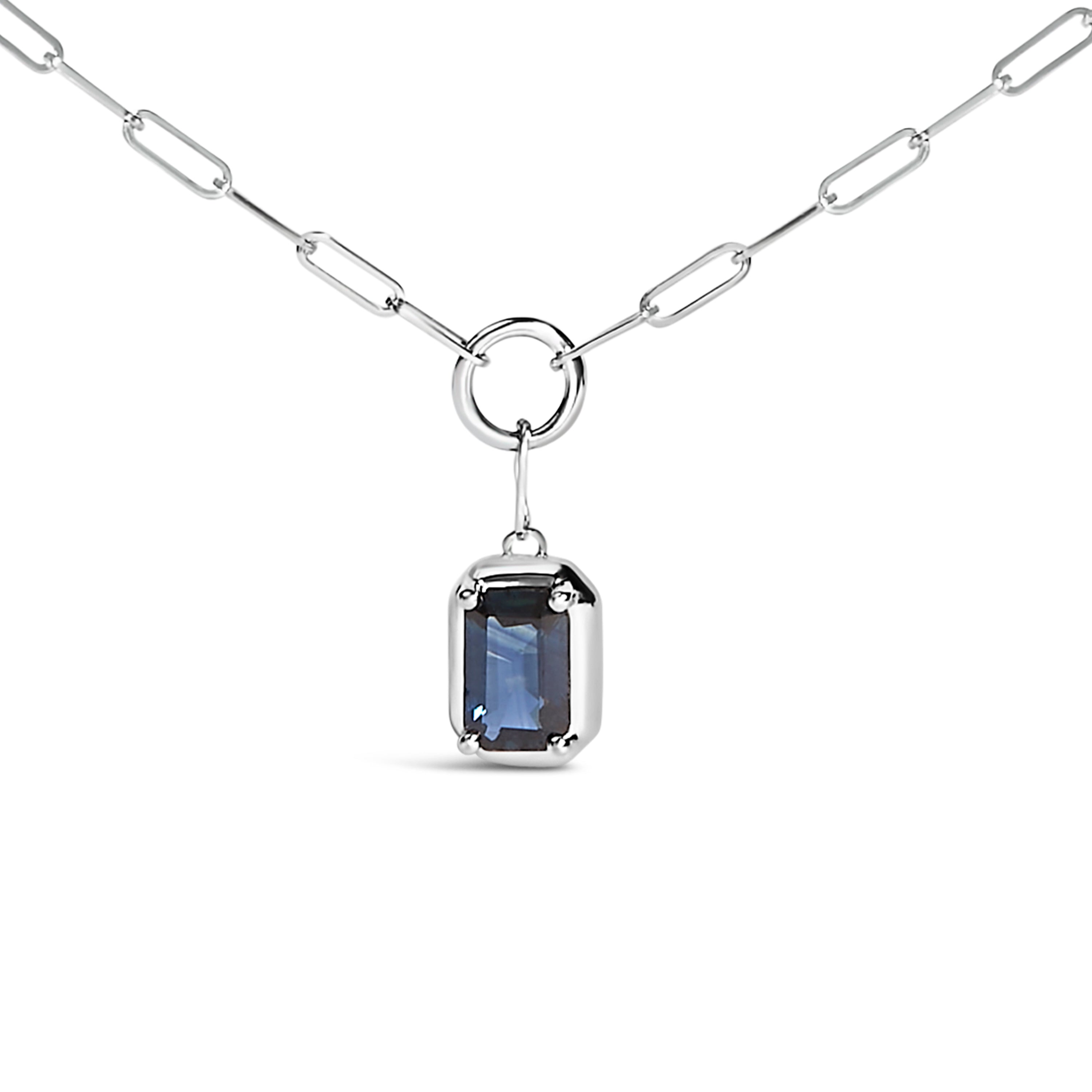 10K White Gold Emerald Cut 6x4 MM Blue Sapphire Solitaire Pendant Necklace - 18 inch DestGlow