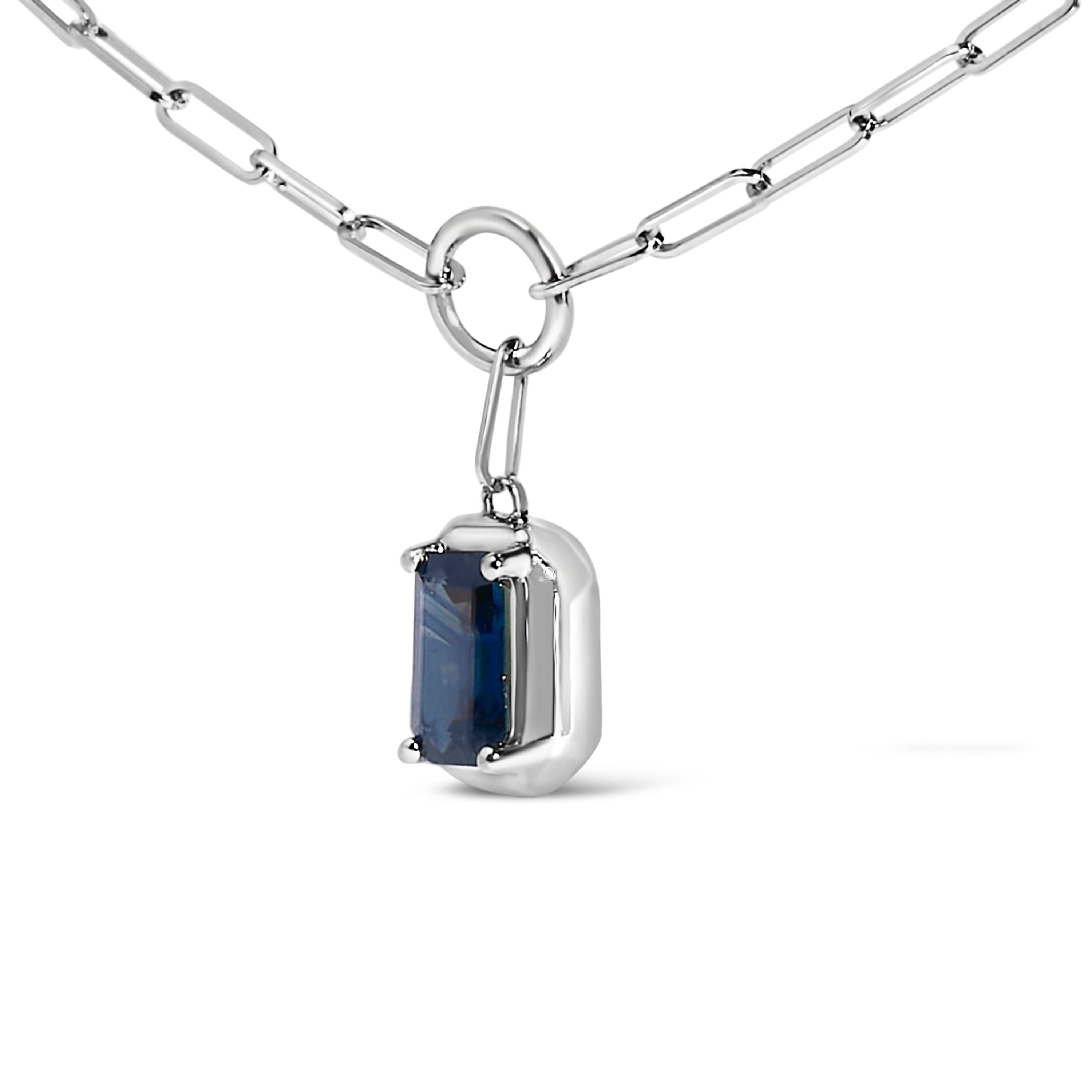 10K White Gold Emerald Cut 6x4 MM Blue Sapphire Solitaire Pendant Necklace - 18 inch DestGlow