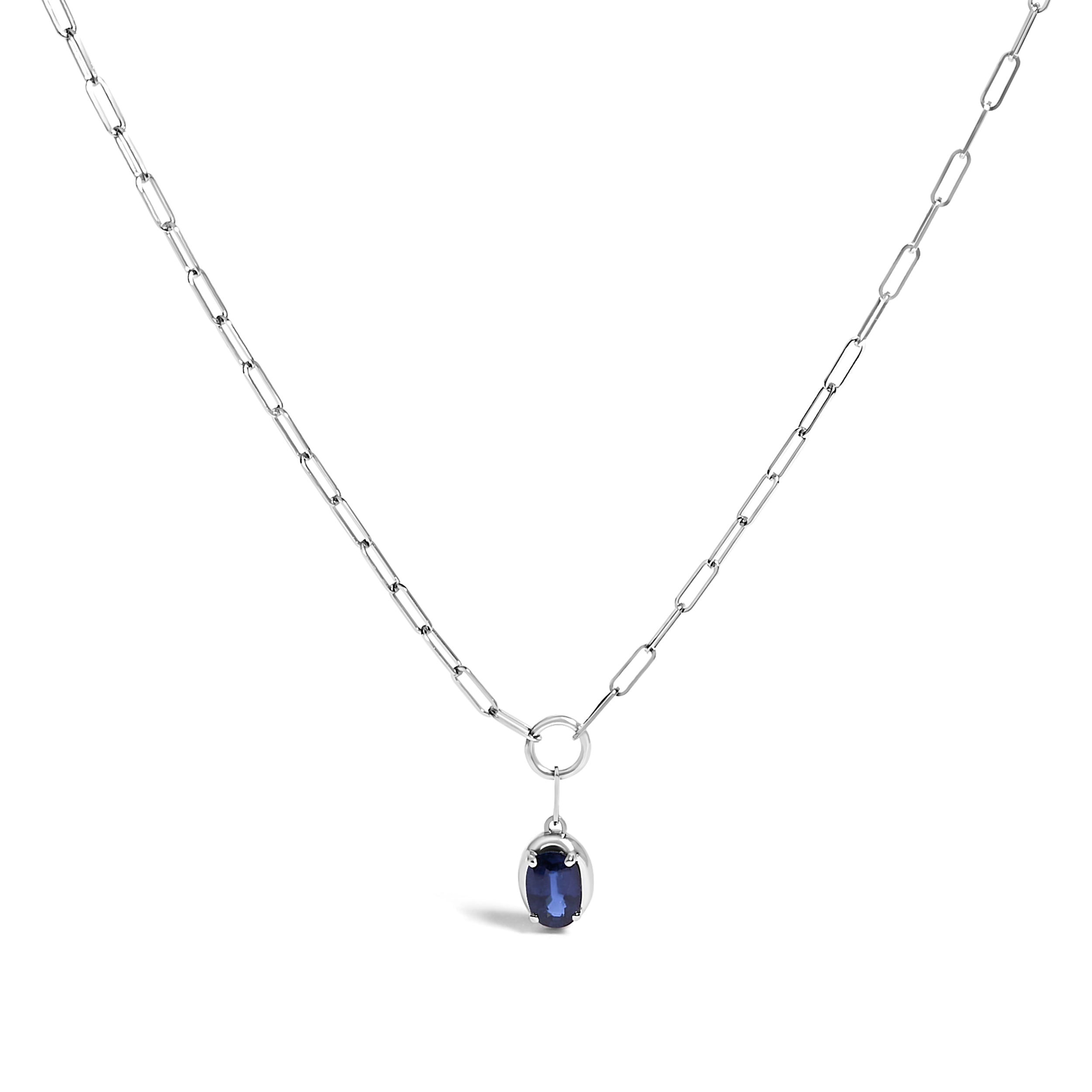 10K White Gold 6x4 mm Oval Blue Sapphire Solitaire Paperclip Pendant Necklace - 18" Inches DestGlow