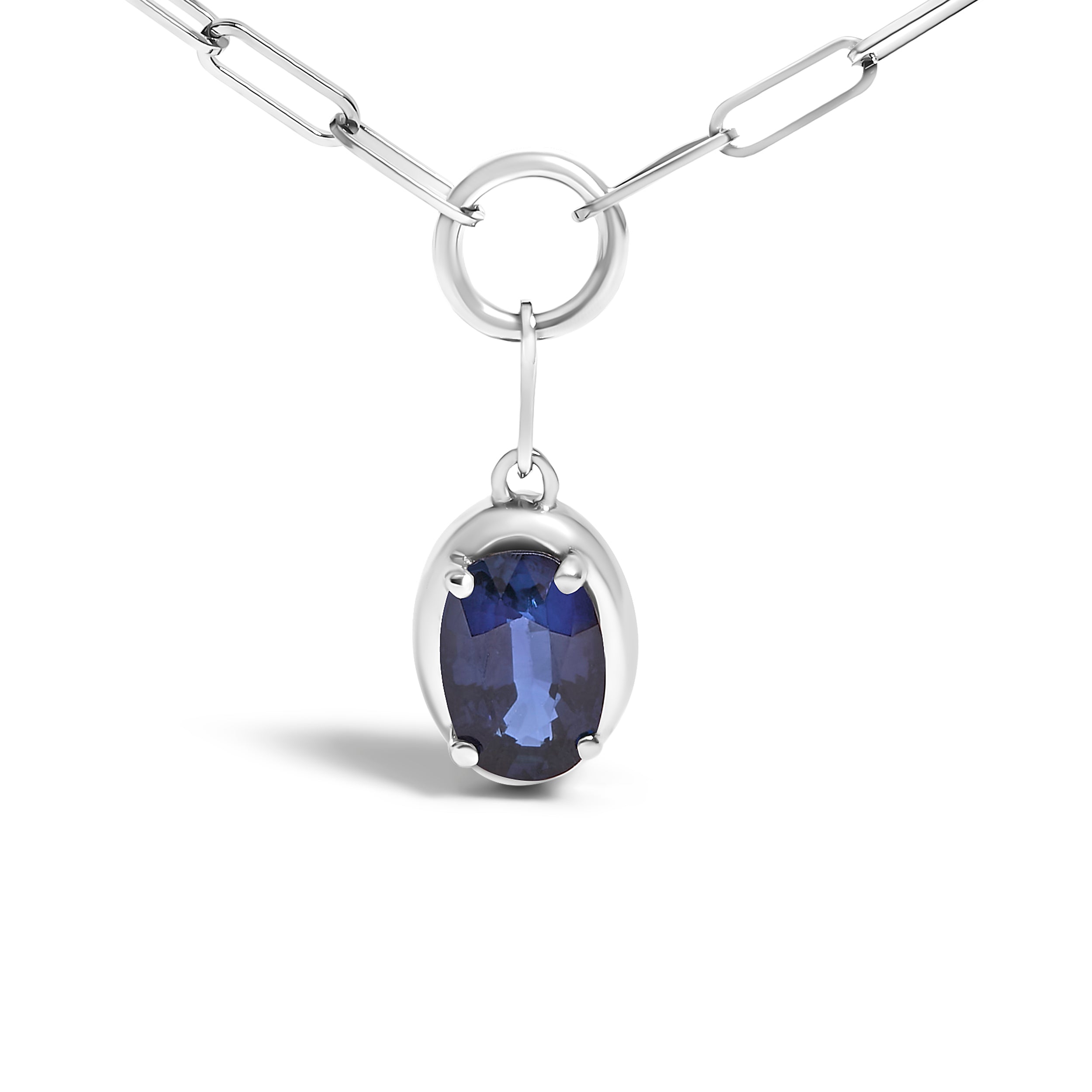 10K White Gold 6x4 mm Oval Blue Sapphire Solitaire Paperclip Pendant Necklace - 18" Inches DestGlow