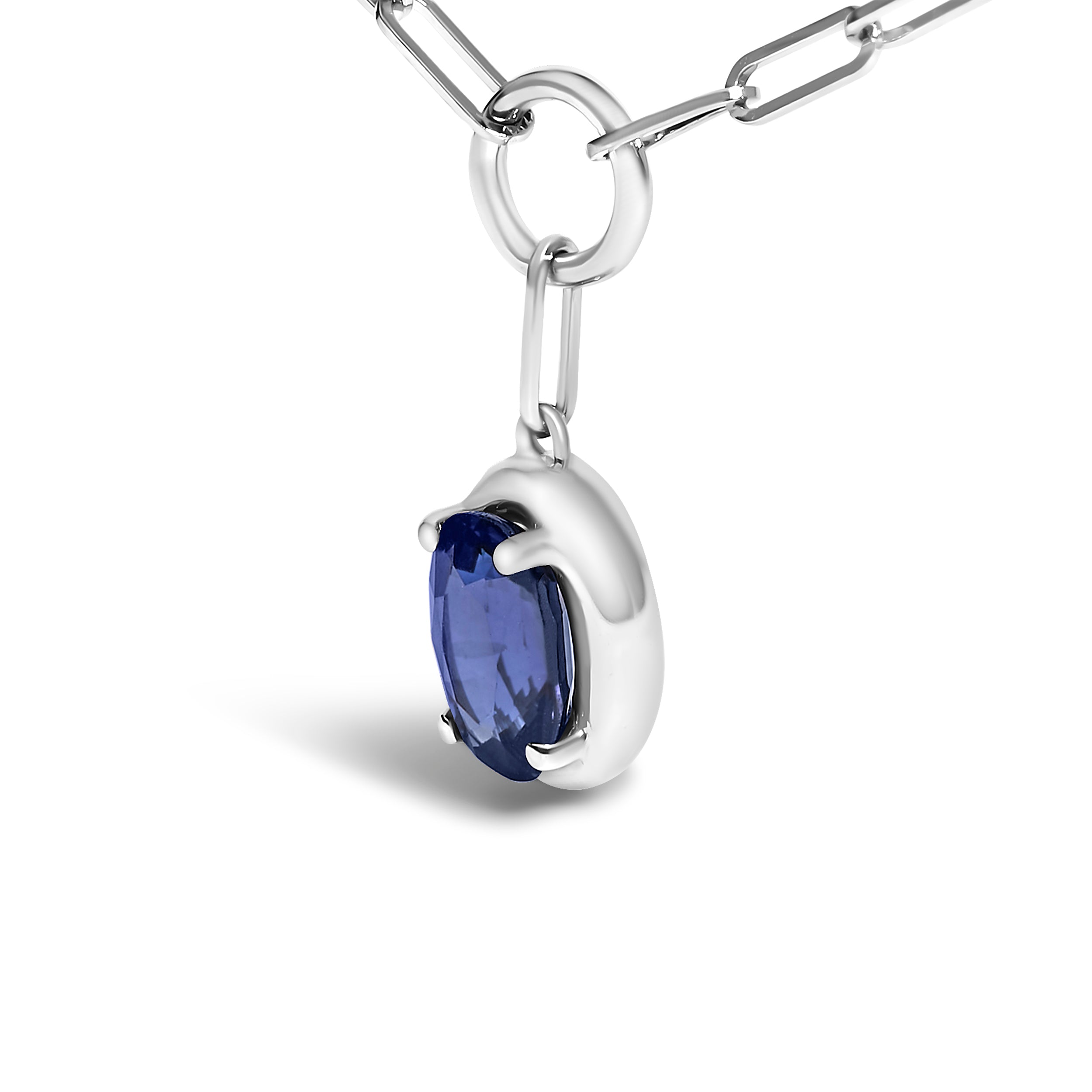 10K White Gold 6x4 mm Oval Blue Sapphire Solitaire Paperclip Pendant Necklace - 18" Inches DestGlow