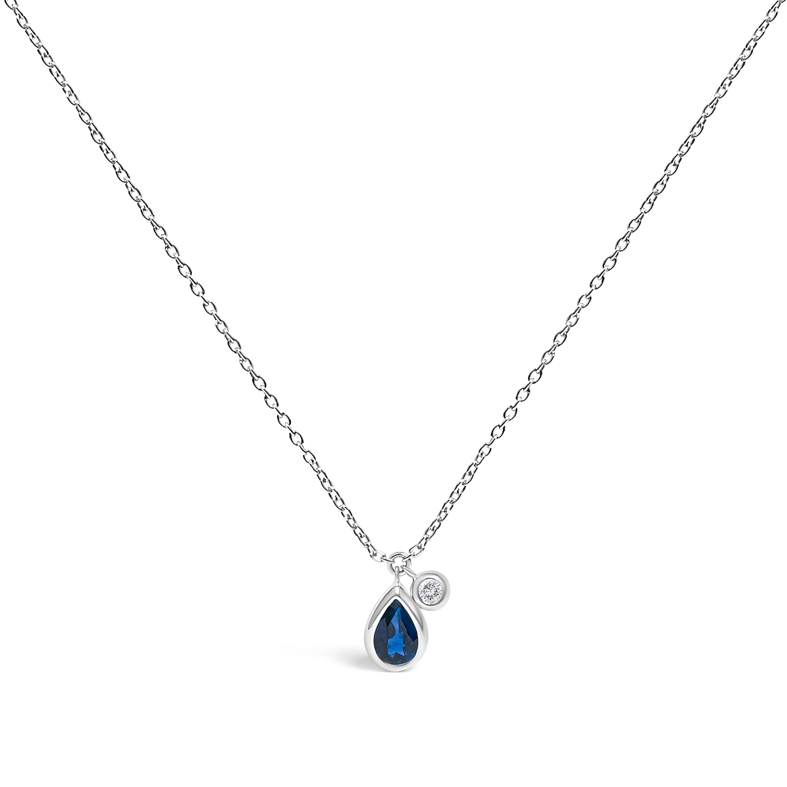 14K White Gold 6x4mm Pear Blue Sapphire and Diamond Accent Charm Pendant Necklace - 18" Inches DestGlow
