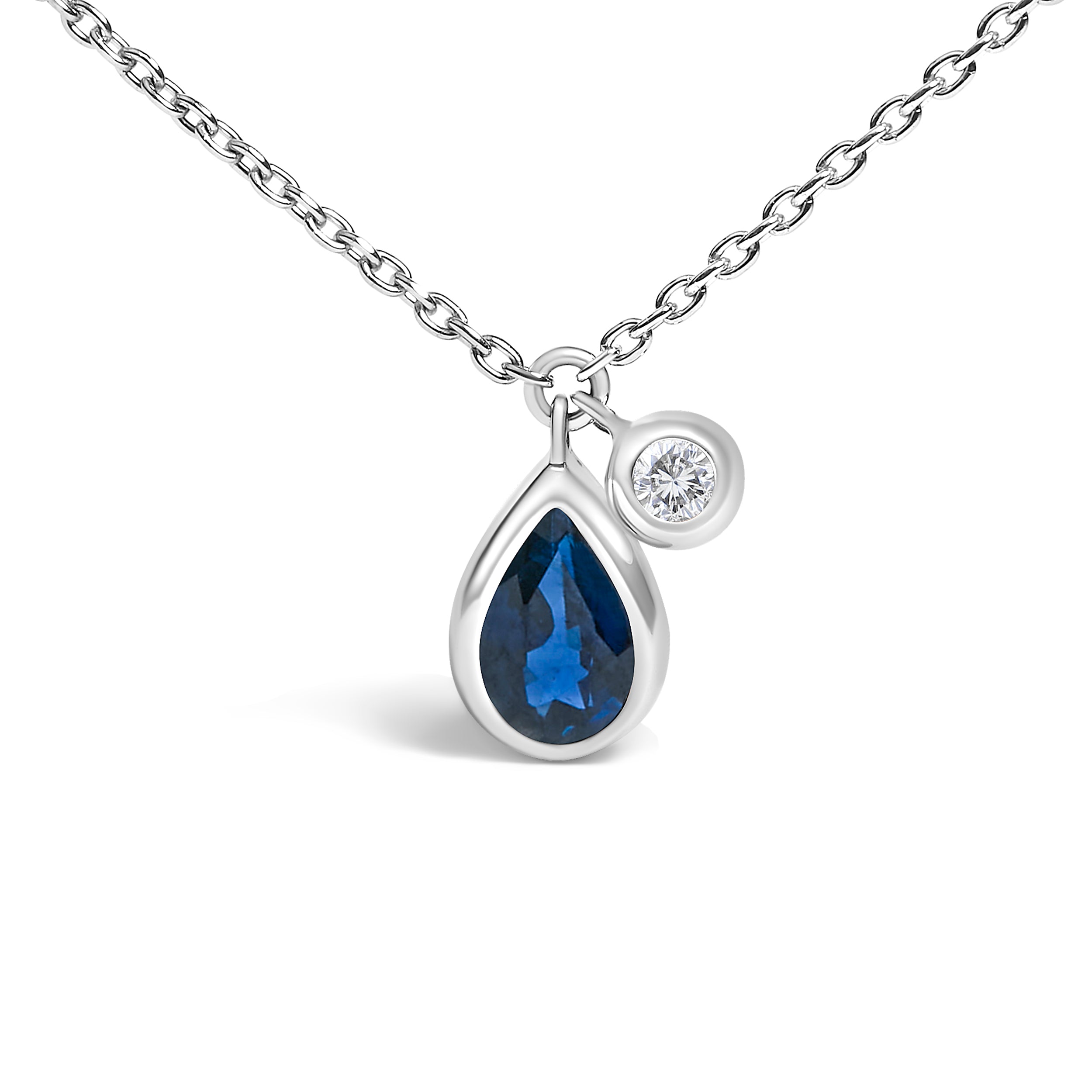 14K White Gold 6x4mm Pear Blue Sapphire and Diamond Accent Charm Pendant Necklace - 18" Inches DestGlow